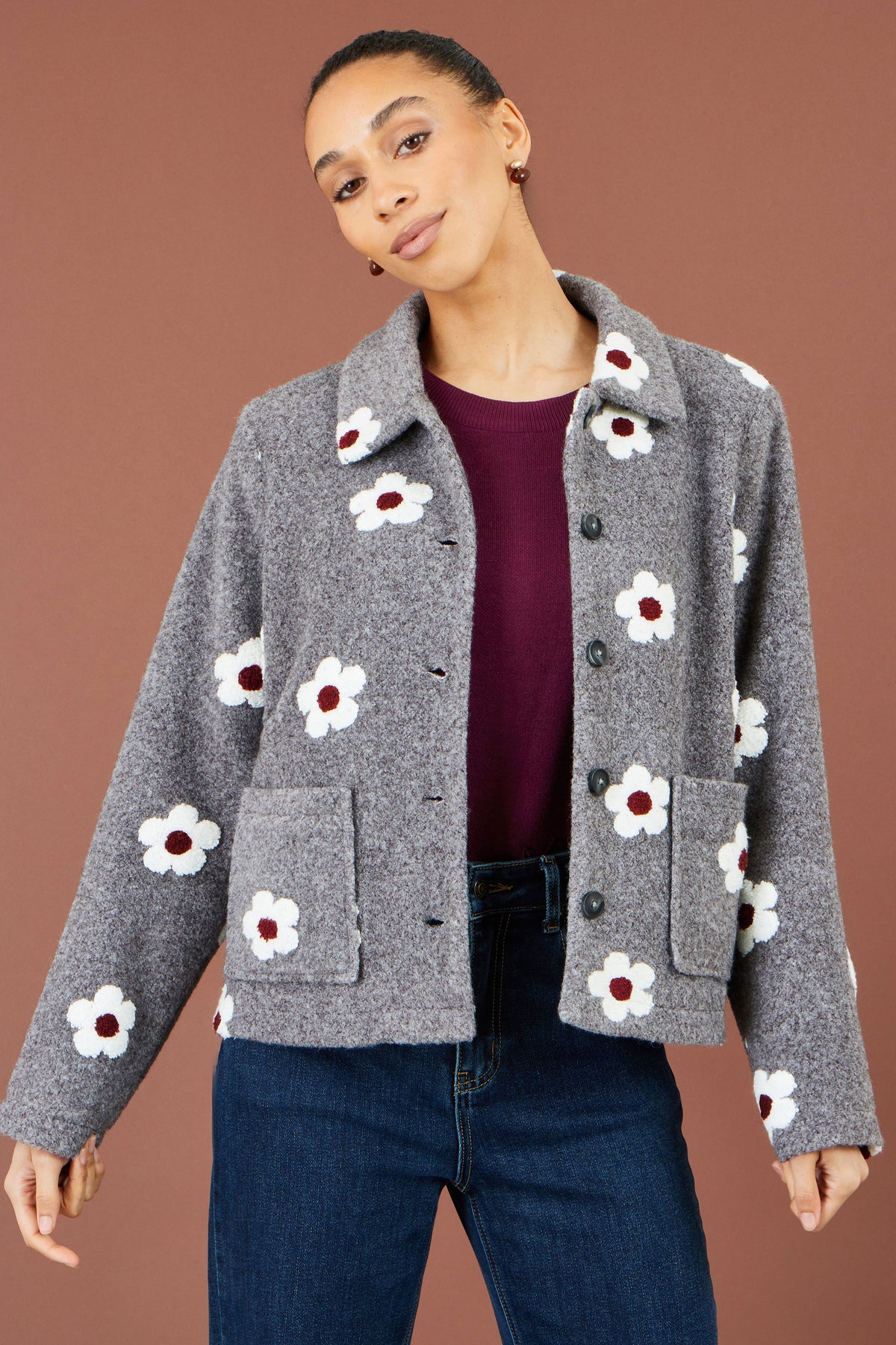 Yumi Grey Embroidered Daisy Fleece Jacket Outerwear Yumi