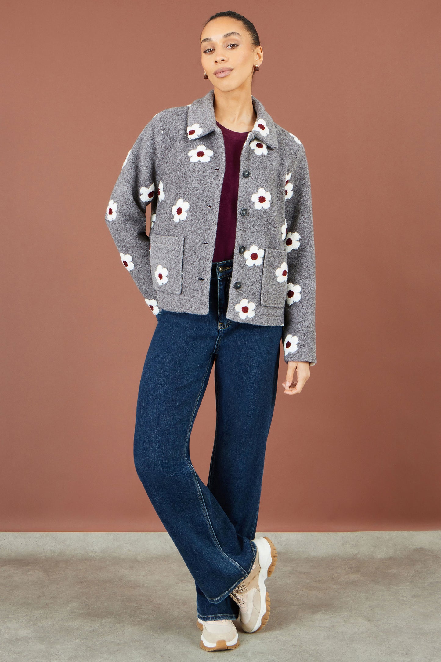 Yumi Grey Embroidered Daisy Fleece Jacket Outerwear Yumi