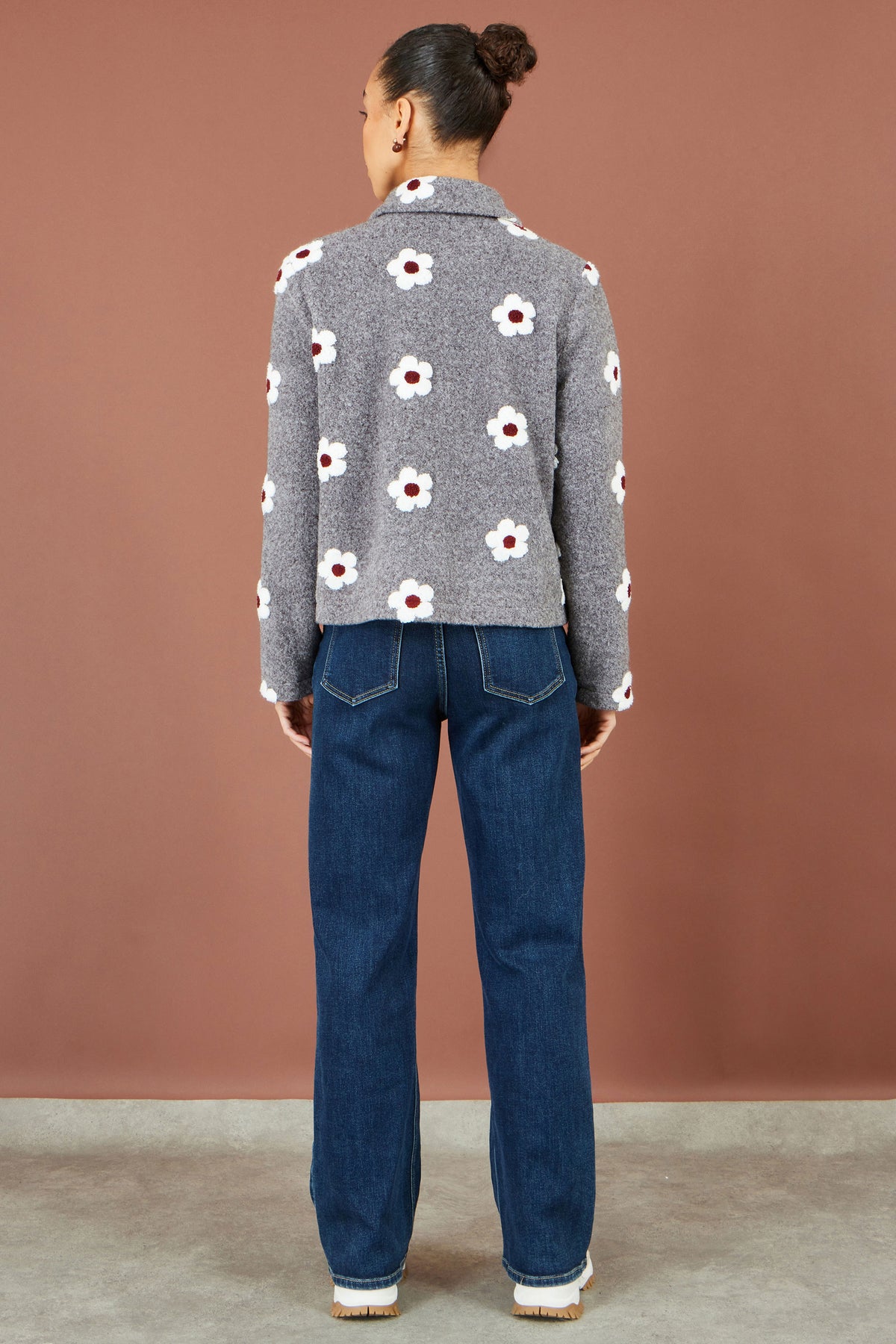 Yumi Grey Embroidered Daisy Fleece Jacket Outerwear Yumi