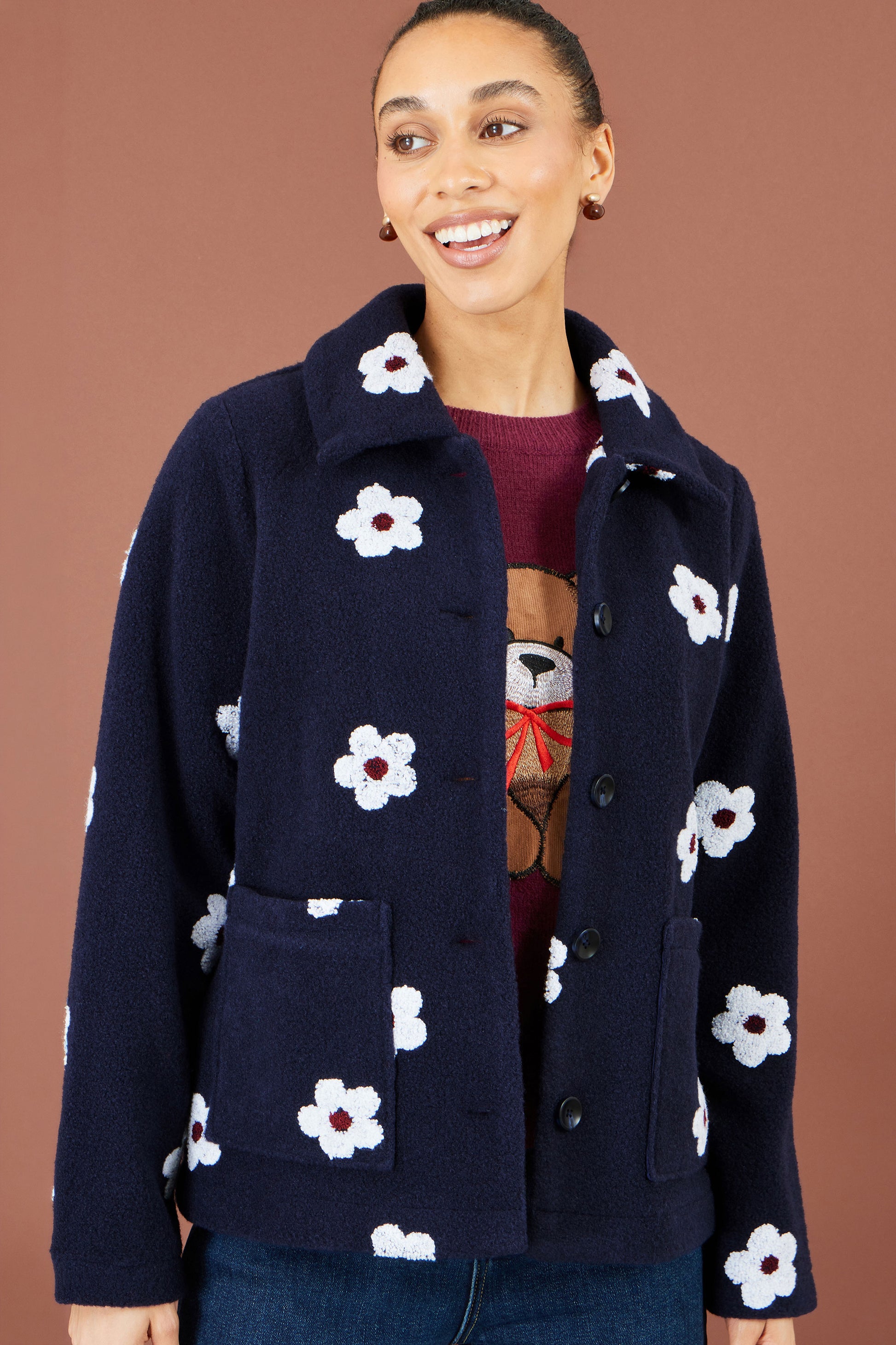 Yumi Navy Embroiderd Daisy Fleece Jacket Outerwear Yumi