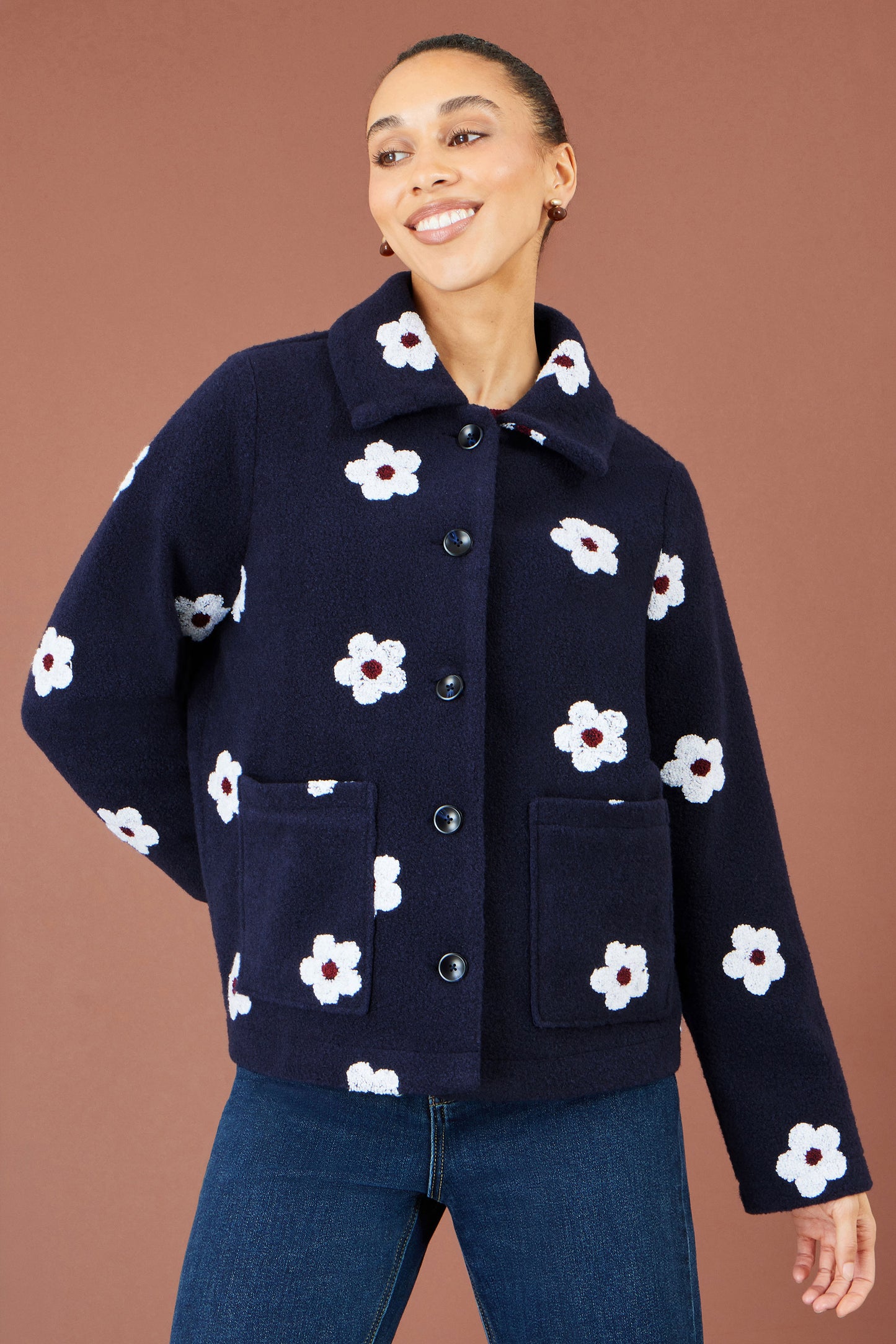 Yumi Navy Embroiderd Daisy Fleece Jacket Outerwear Yumi