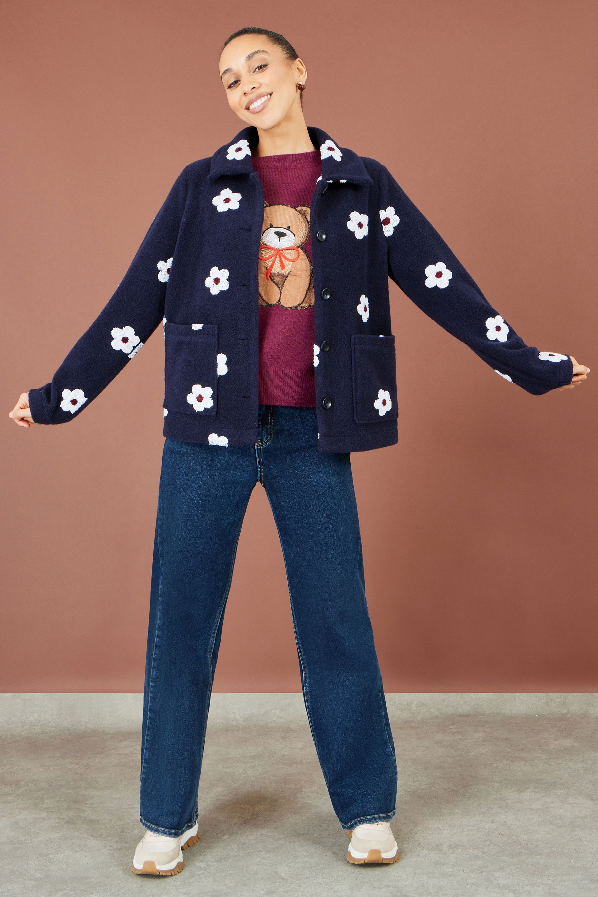 Yumi Navy Embroiderd Daisy Fleece Jacket Outerwear Yumi