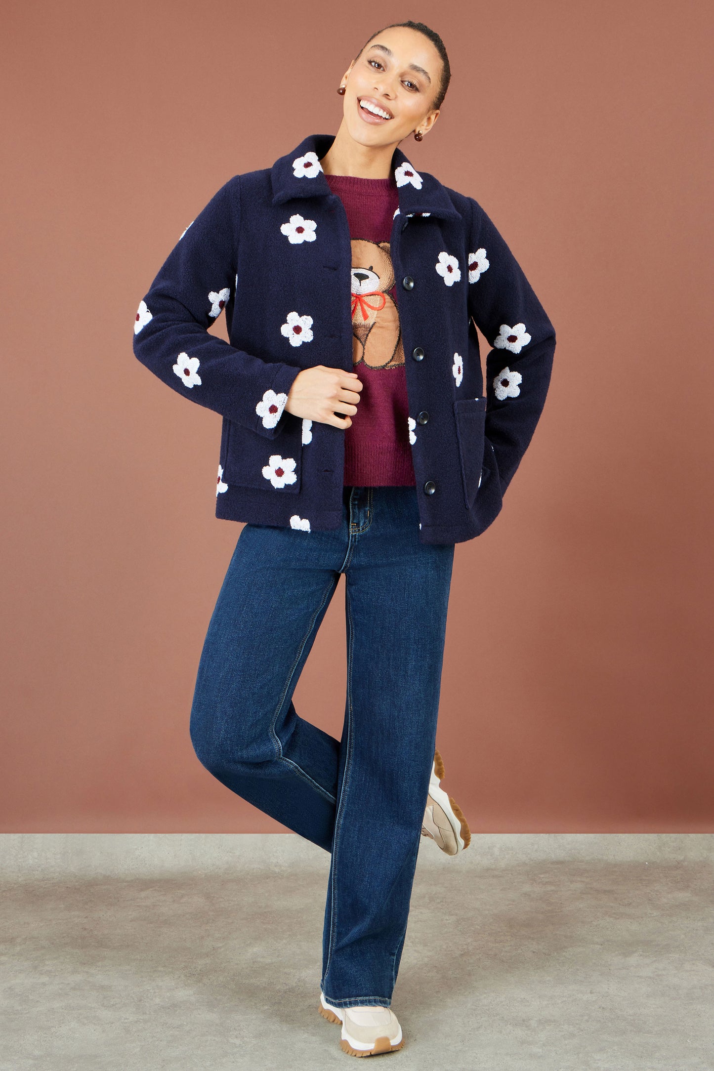 Yumi Navy Embroiderd Daisy Fleece Jacket Outerwear Yumi