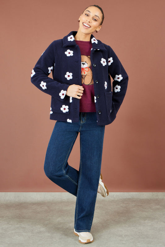 Yumi Navy Embroiderd Daisy Fleece Jacket Outerwear Yumi