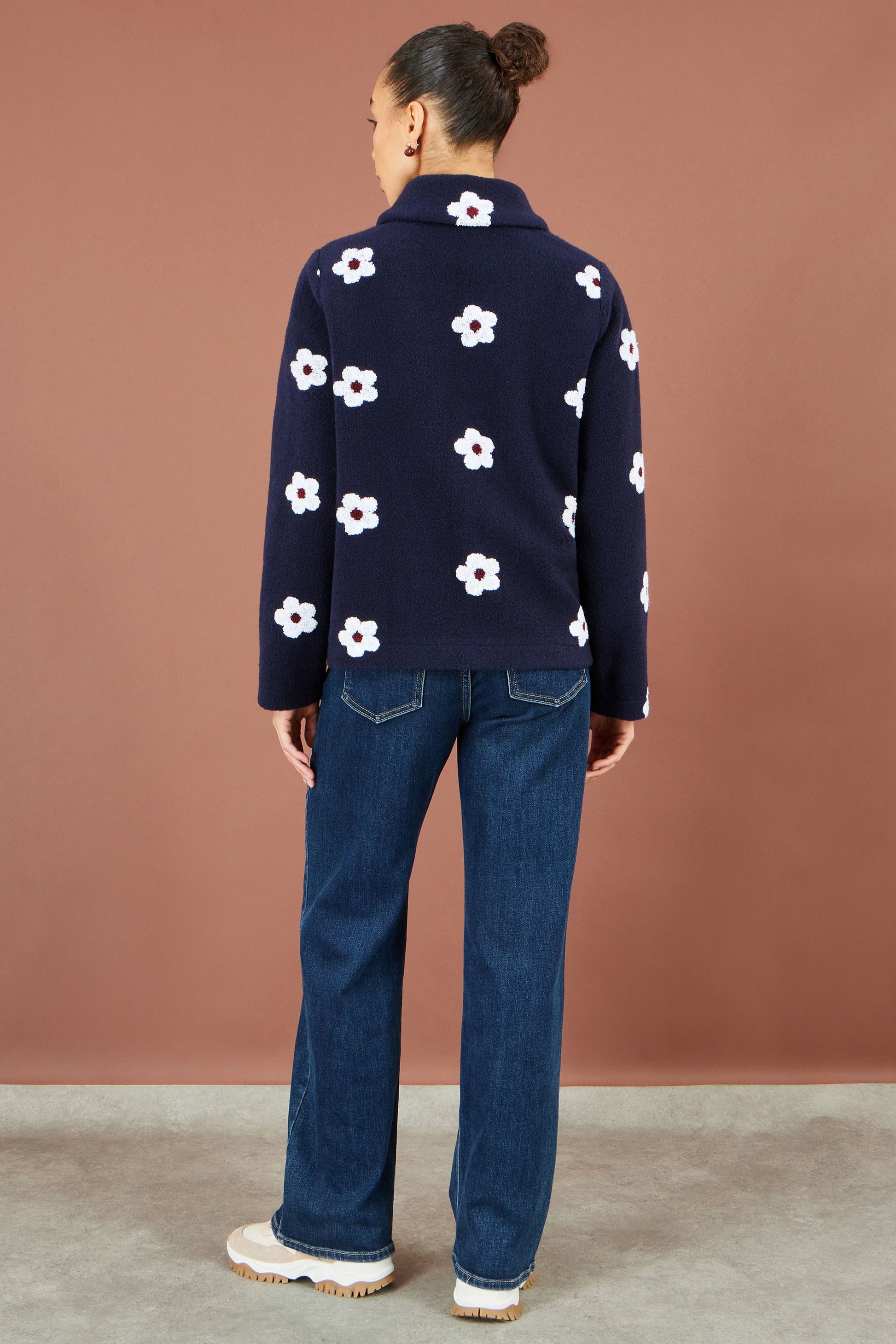 Yumi Navy Embroiderd Daisy Fleece Jacket Outerwear Yumi