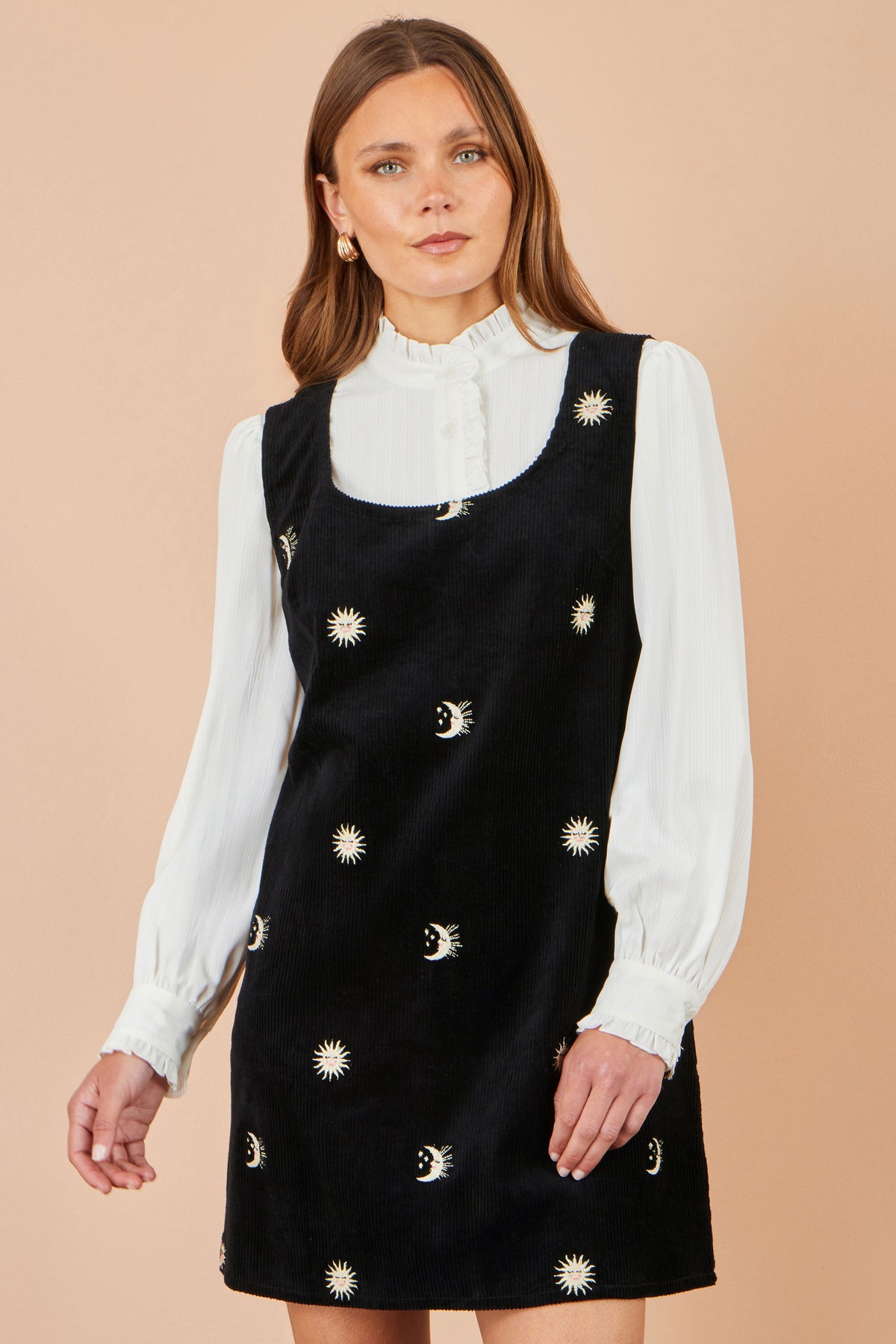 Yumi Black Cotton Cosmic Cord Pinafore Dress Dress Casual Yumi