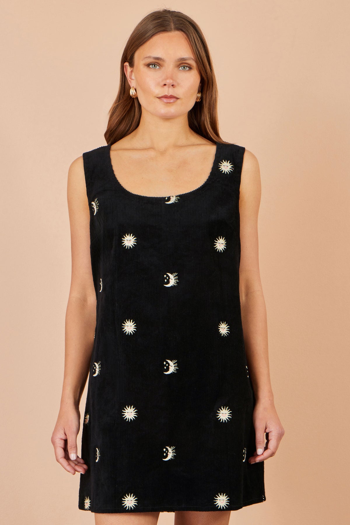 Yumi Black Cotton Cosmic Cord Pinafore Dress Dress Casual Yumi