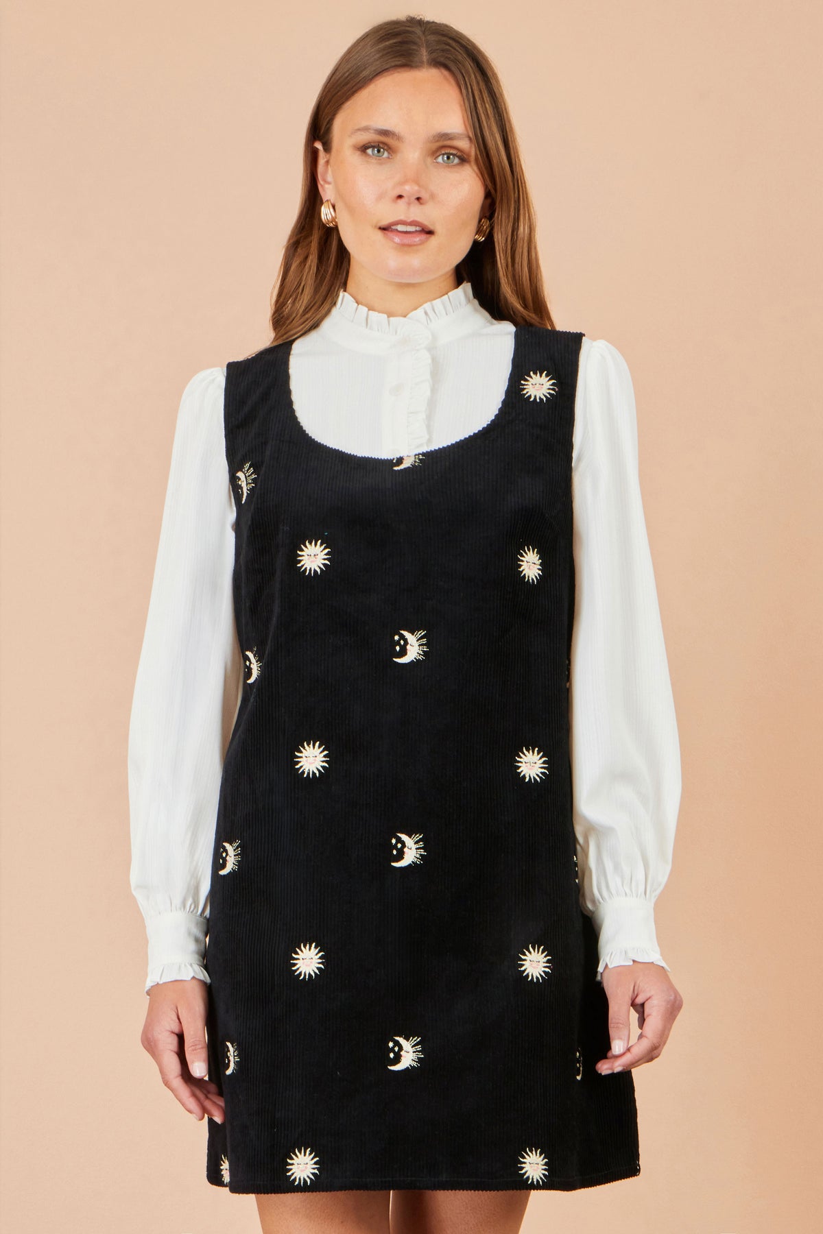 Yumi Black Cotton Cosmic Cord Pinafore Dress Dress Casual Yumi
