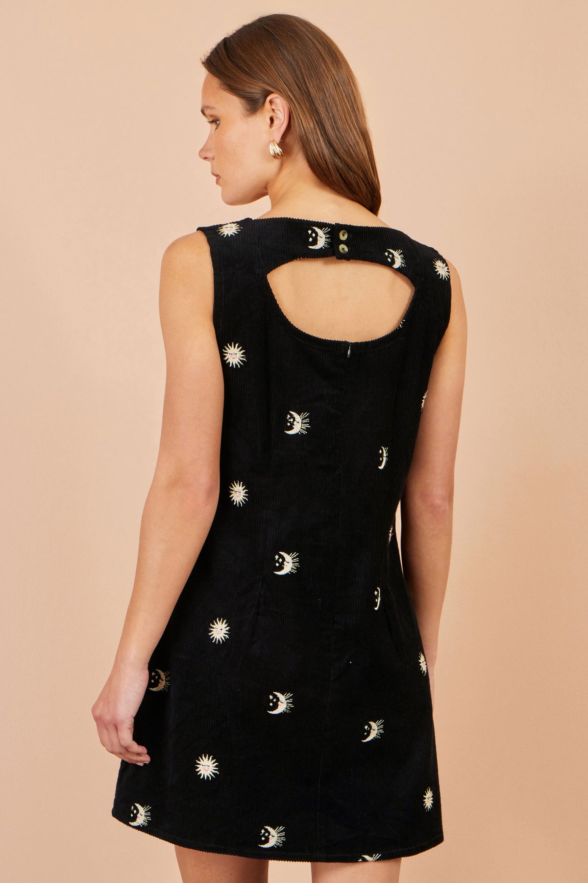 Yumi Black Cotton Cosmic Cord Pinafore Dress Dress Casual Yumi