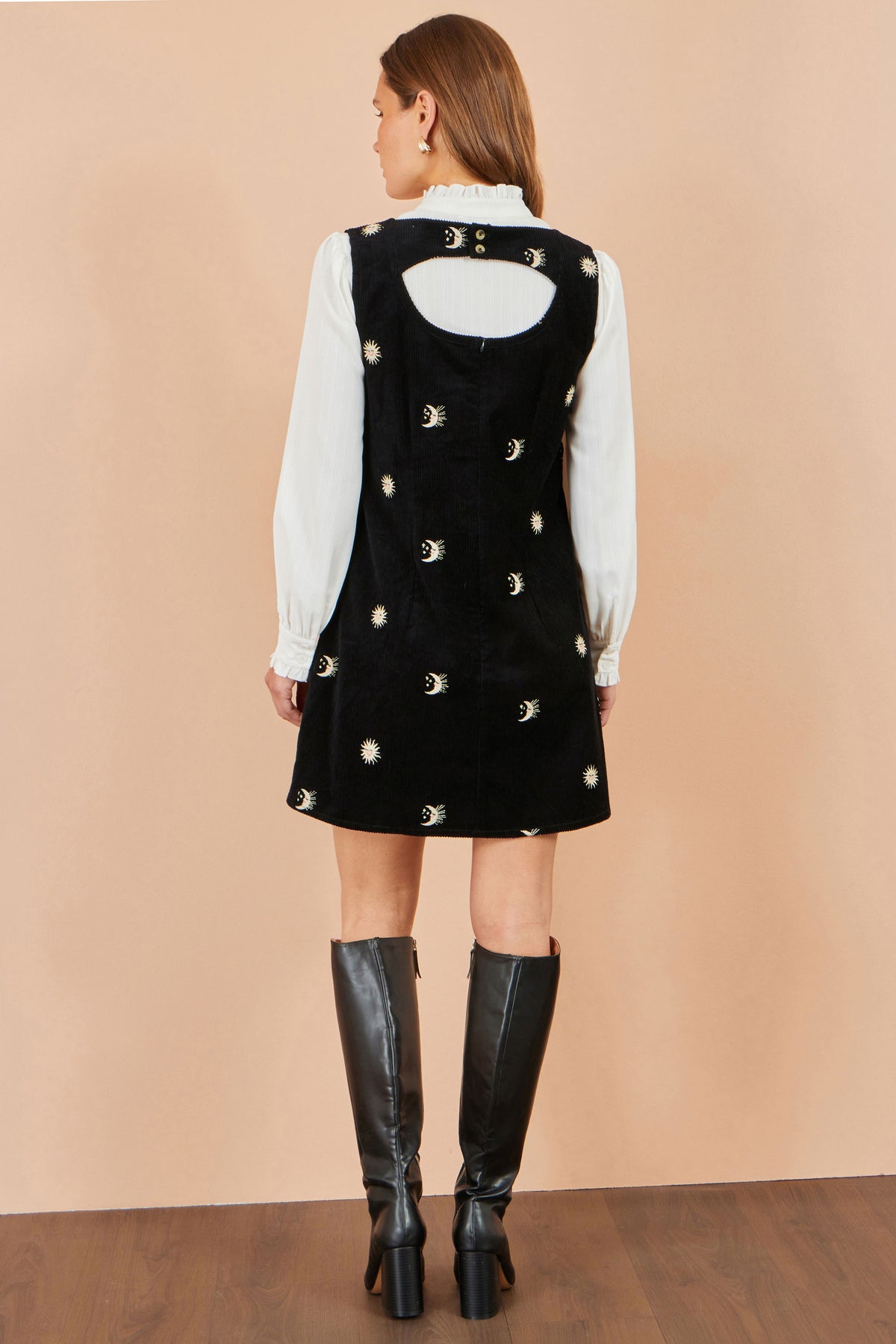 Yumi Black Cotton Cosmic Cord Pinafore Dress Dress Casual Yumi