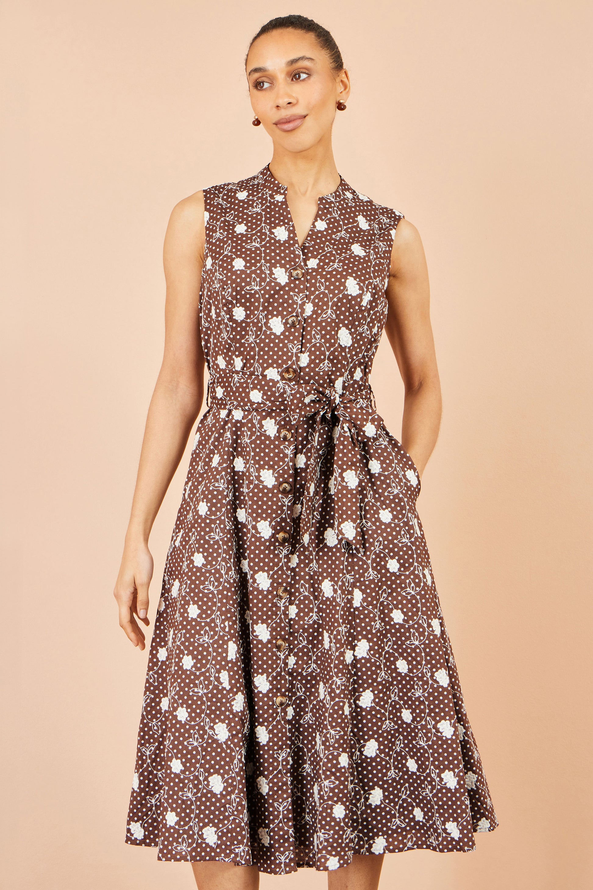 Yumi Brown Cotton Embroidery Shirt Dress Dress Casual Yumi