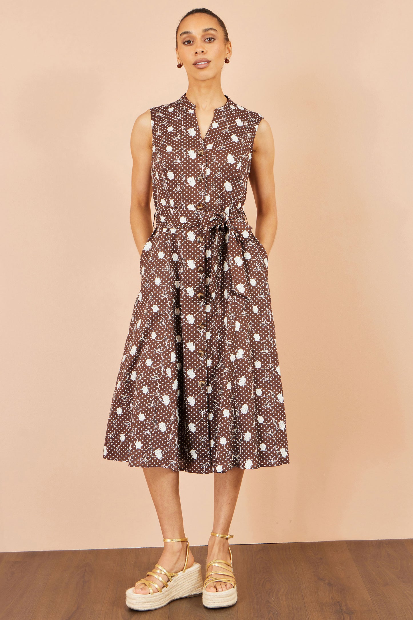 Yumi Brown Cotton Embroidery Shirt Dress Dress Casual Yumi