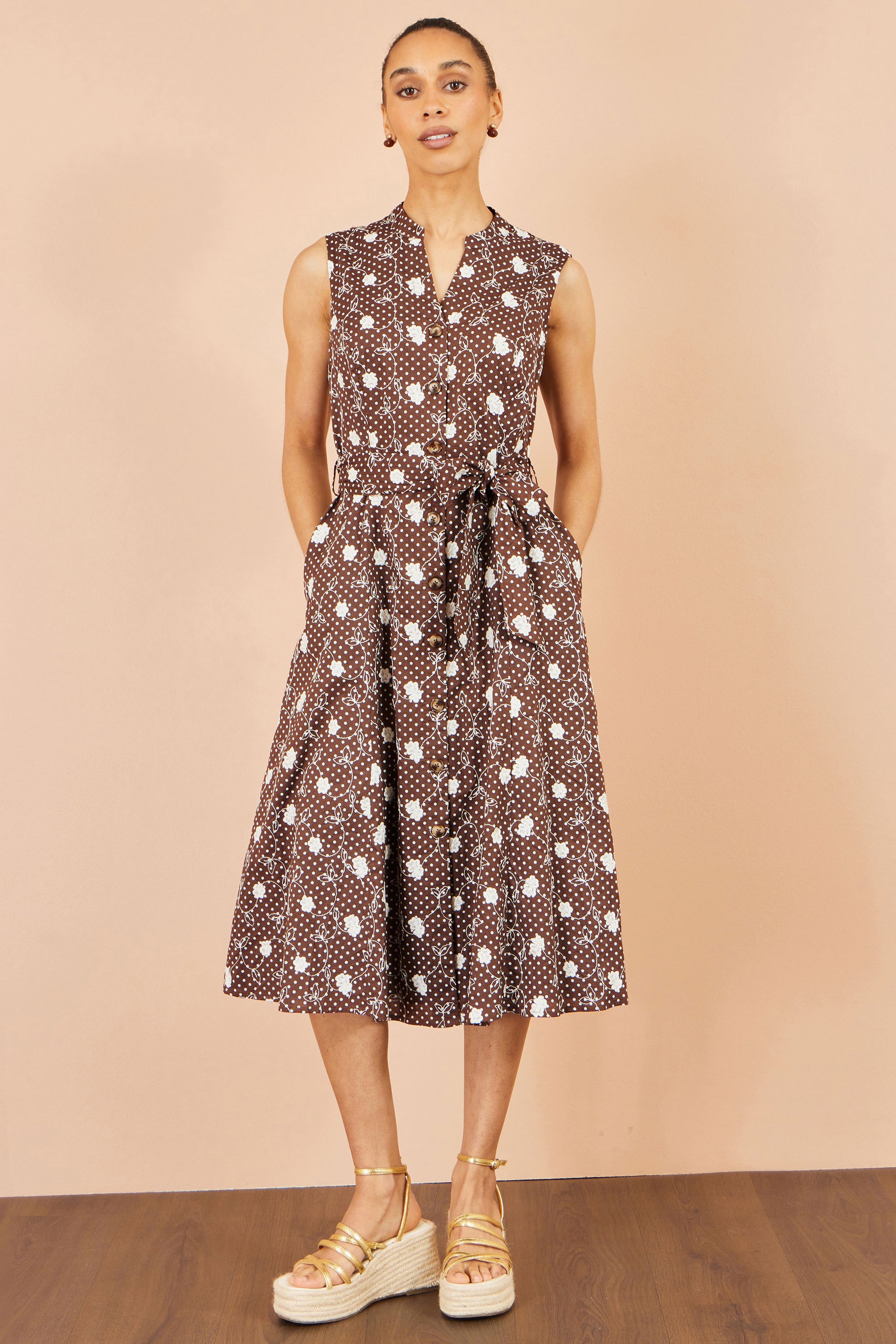 Yumi Brown Cotton Embroidery Shirt Dress Dress Casual Yumi