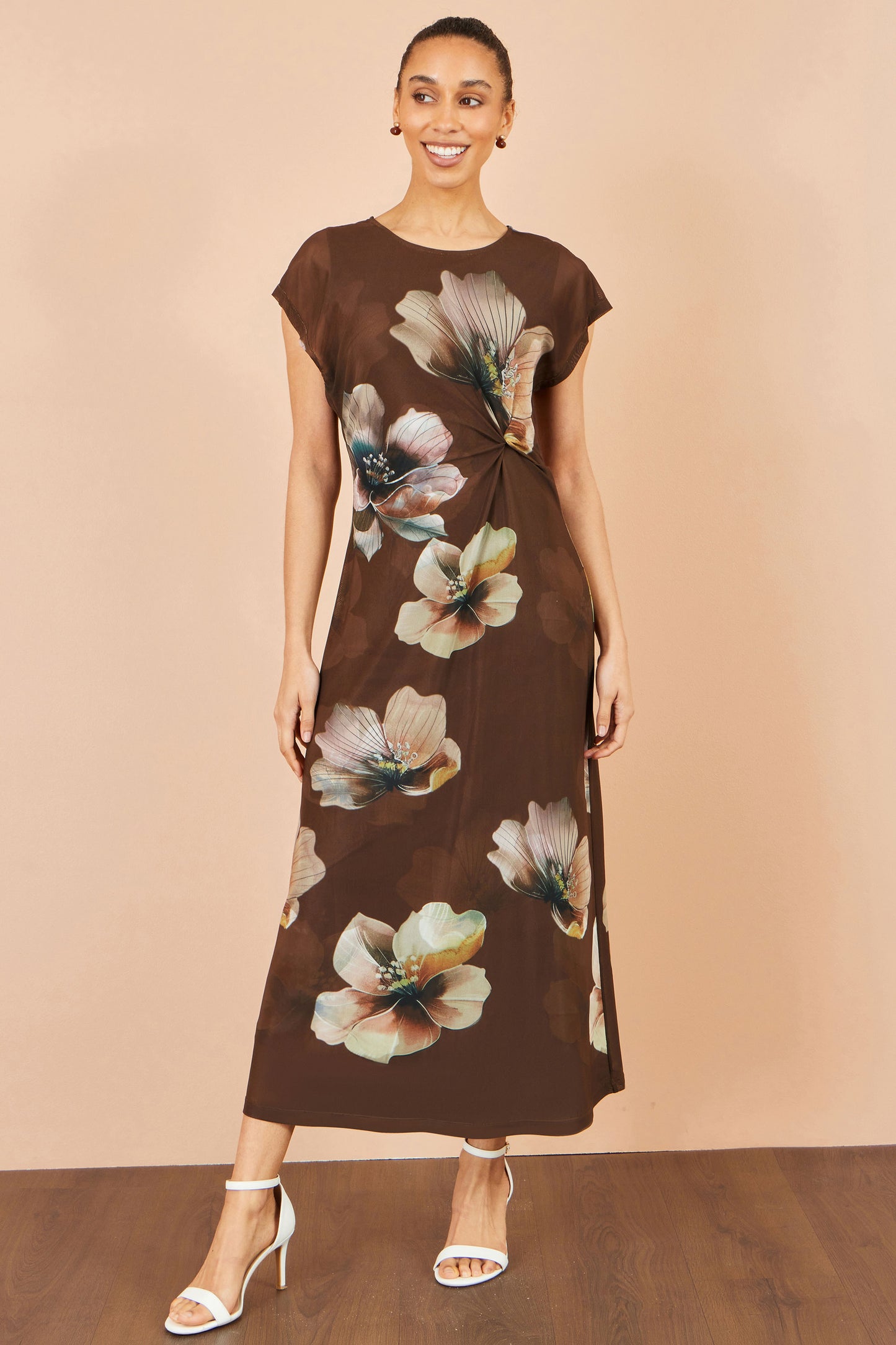 Yumi Brown Mesh Floral Midi Dress Dress Casual Yumi