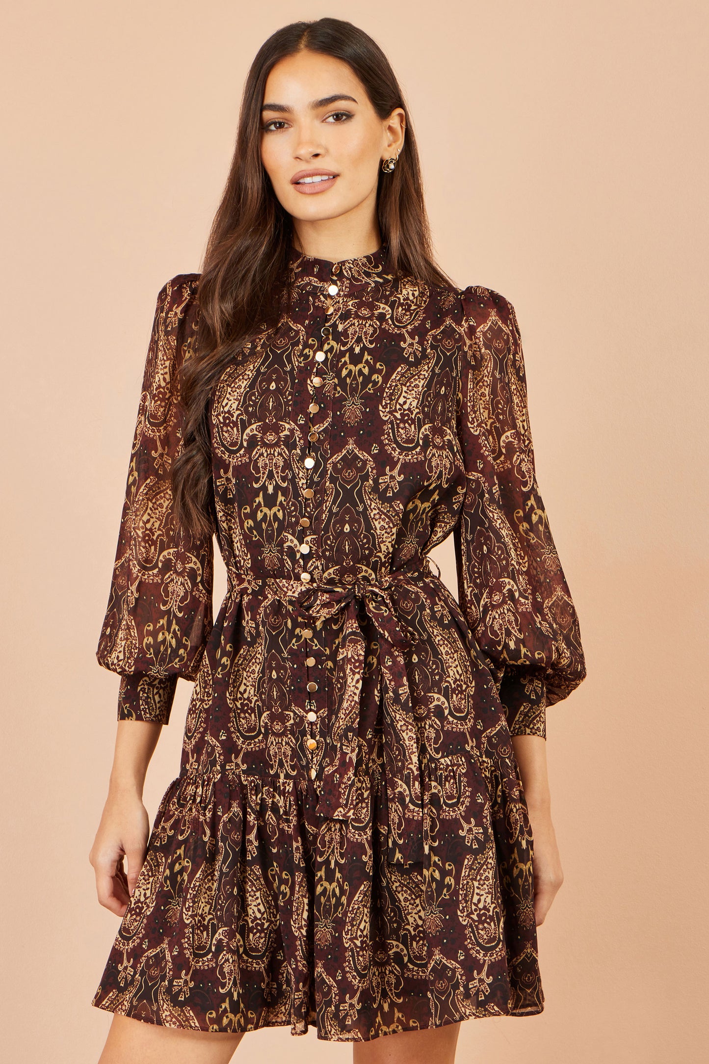 Yumi Brown Paisley Long Sleeve Shirt Dress Dress Casual Yumi