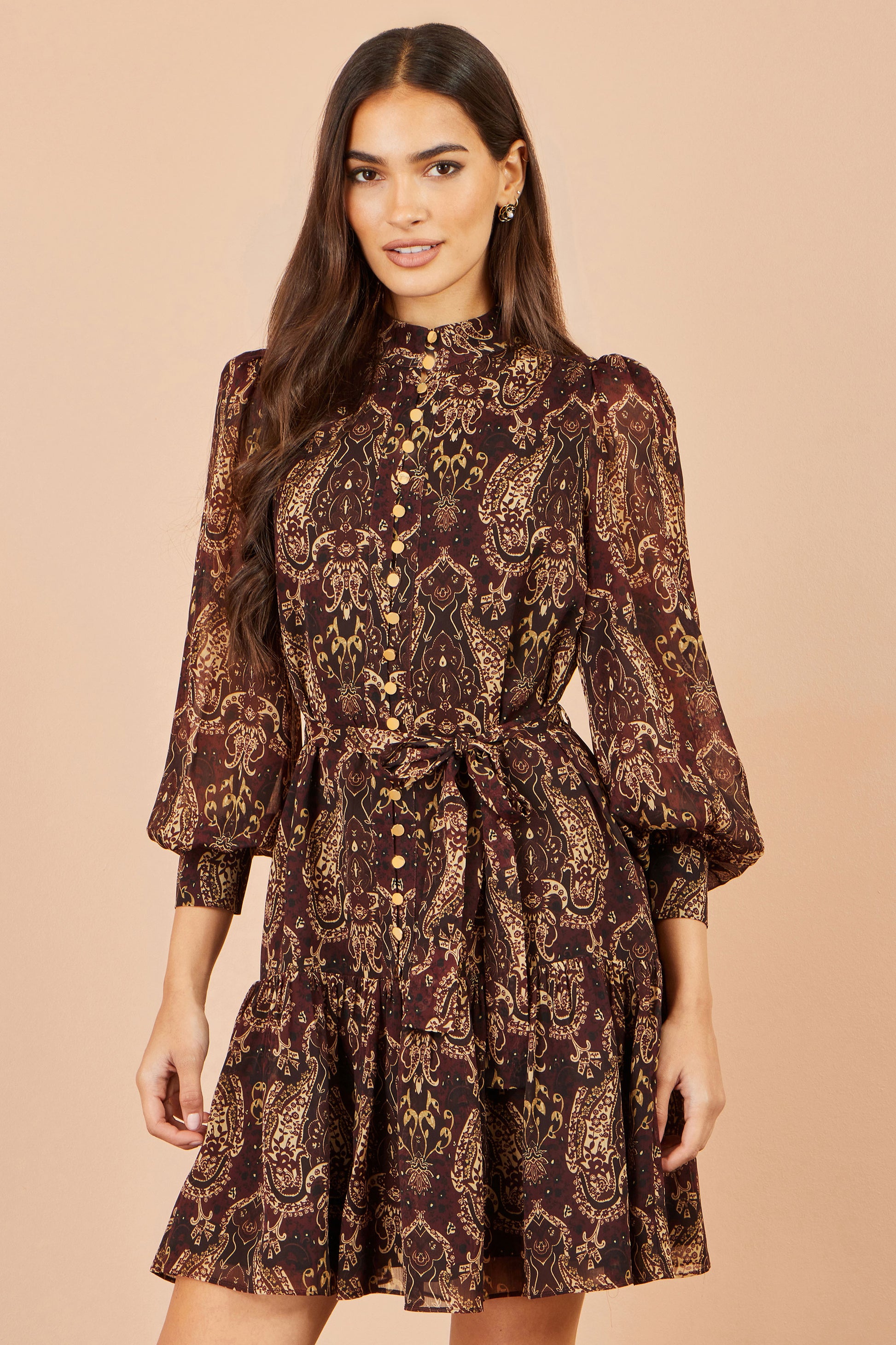 Yumi Brown Paisley Long Sleeve Shirt Dress Dress Casual Yumi