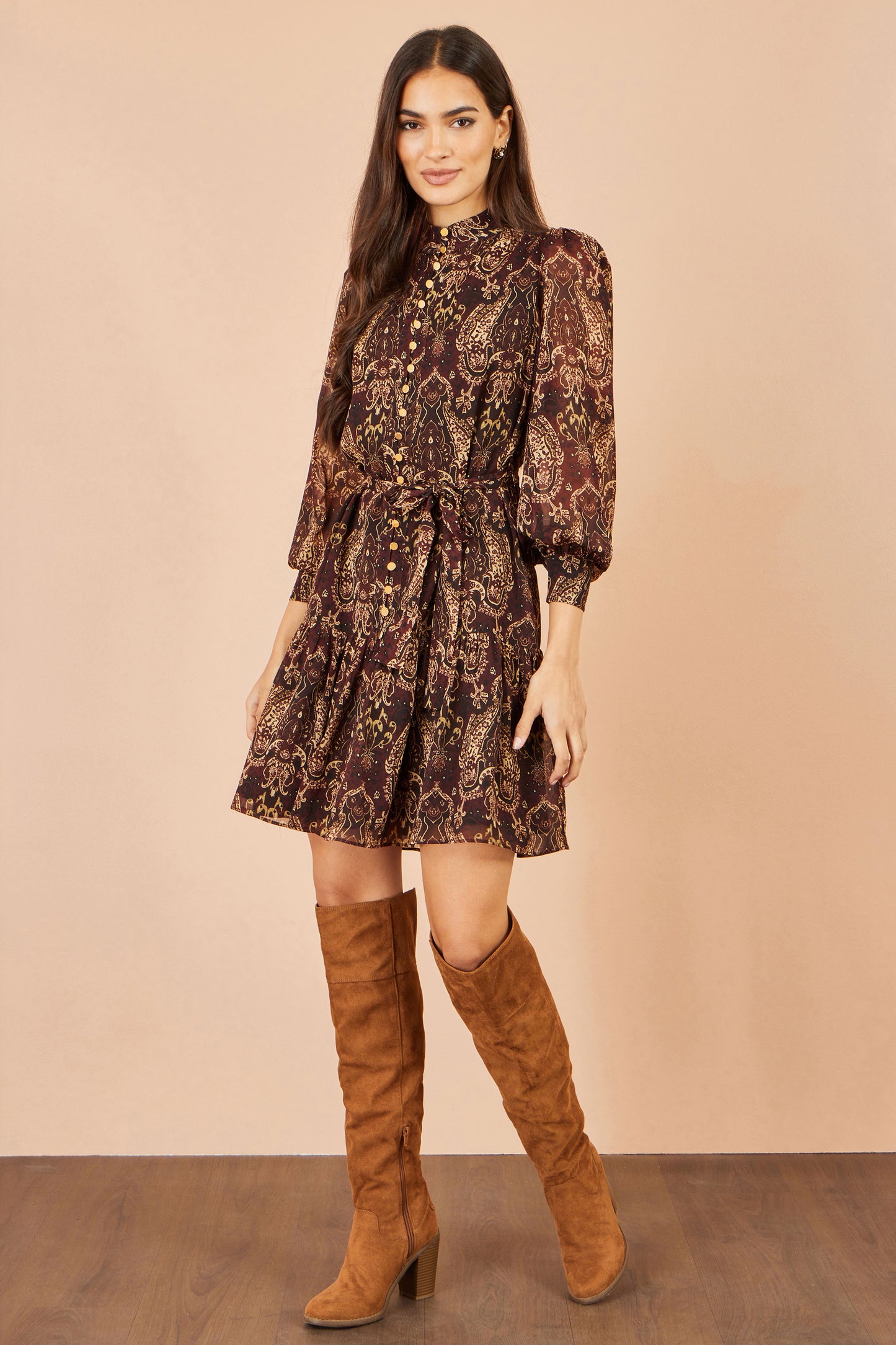 Yumi Brown Paisley Long Sleeve Shirt Dress Dress Casual Yumi