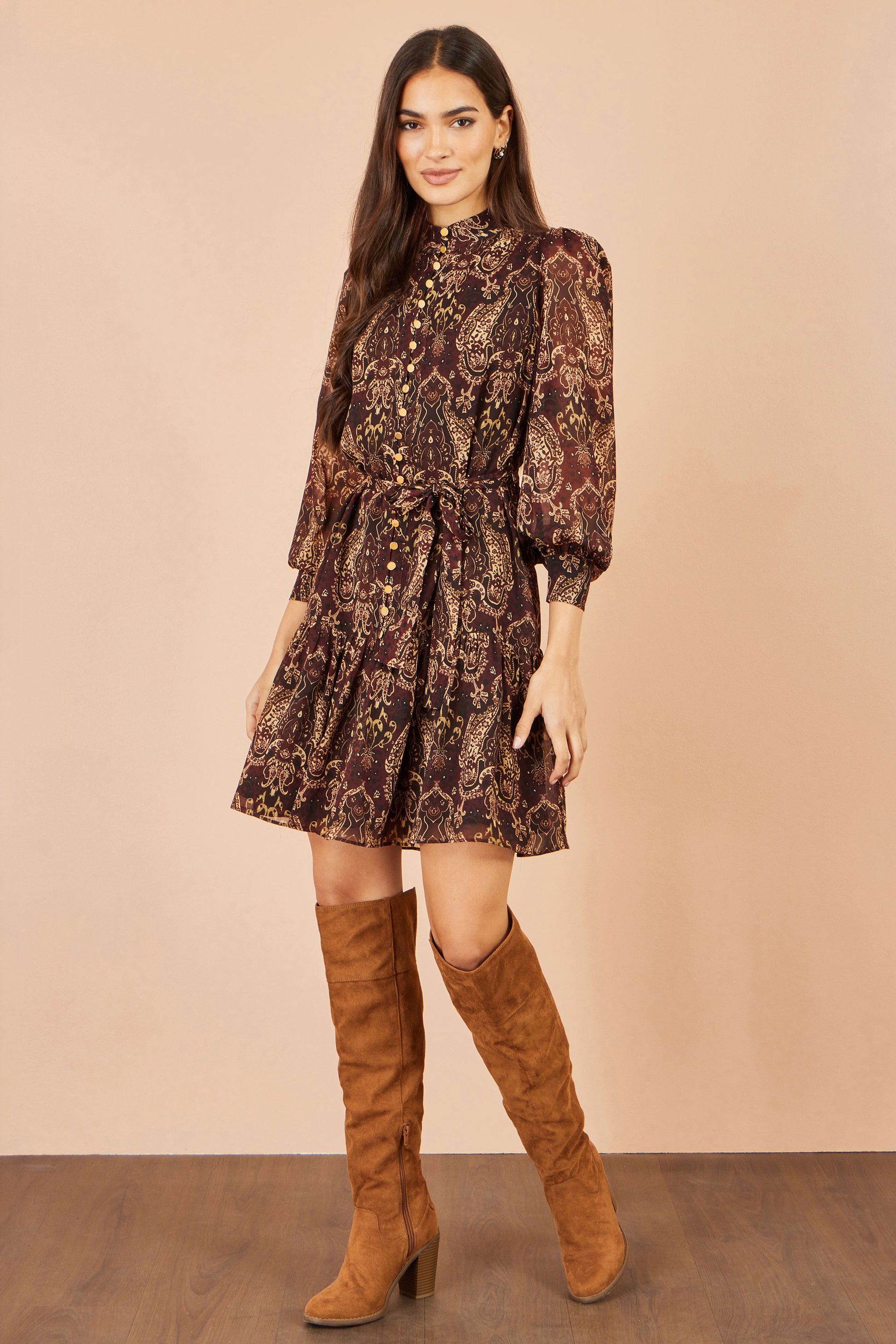 Yumi Brown Paisley Long Sleeve Shirt Dress Dress Casual Yumi
