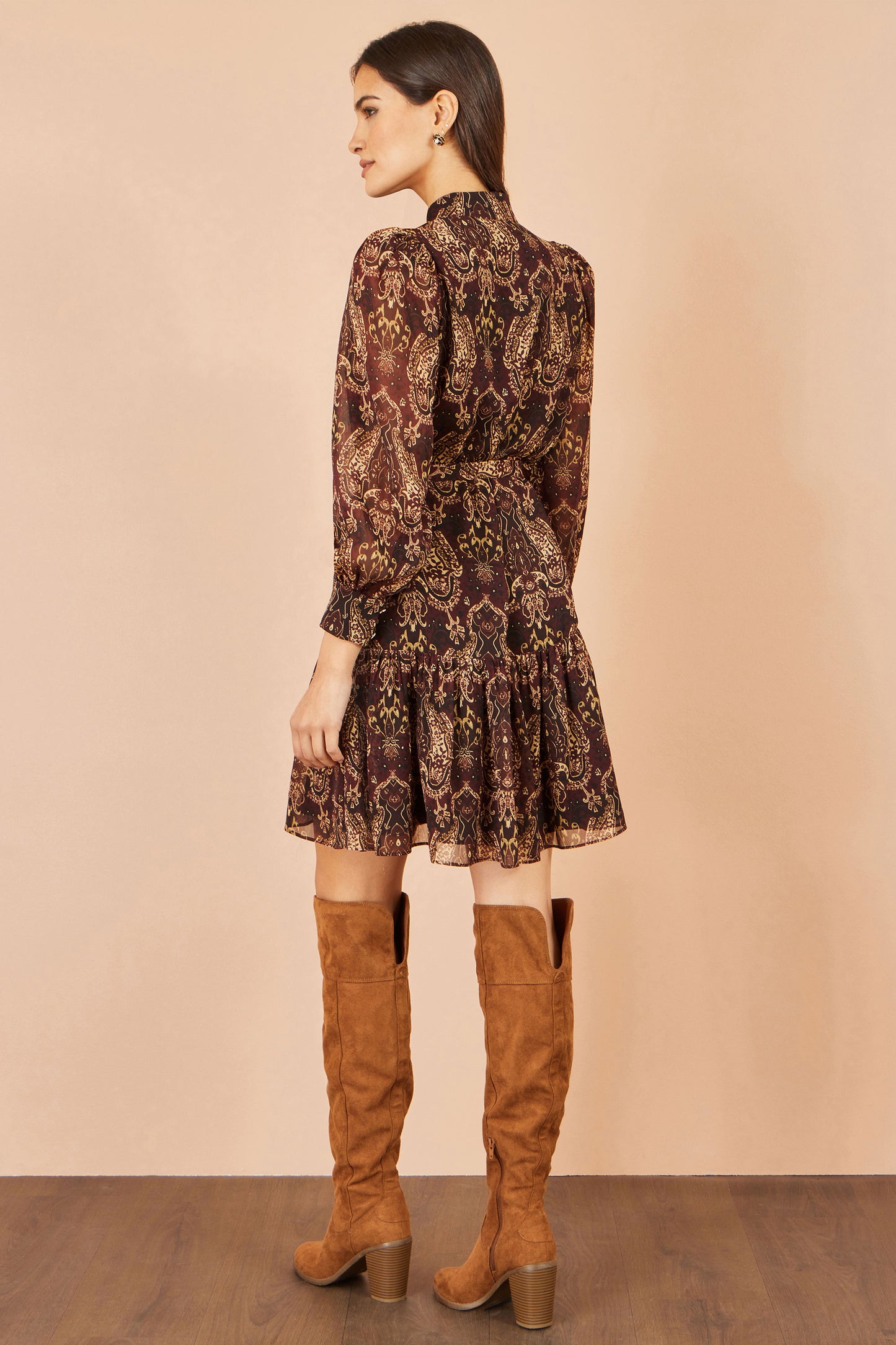 Yumi Brown Paisley Long Sleeve Shirt Dress Dress Casual Yumi