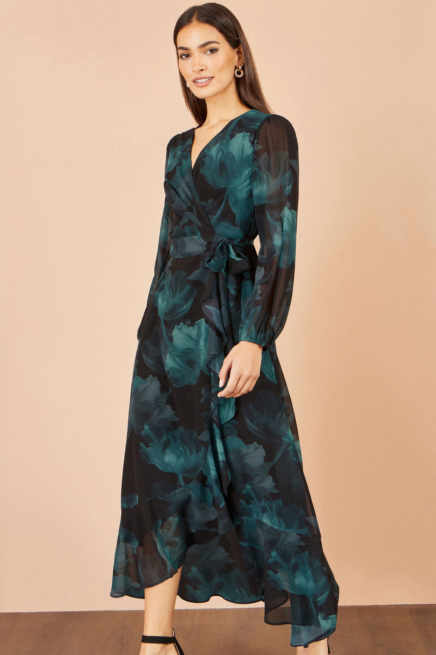 Yumi Black Floral Dipped Hem Wrap Midi Dress Dress Occasion Yumi