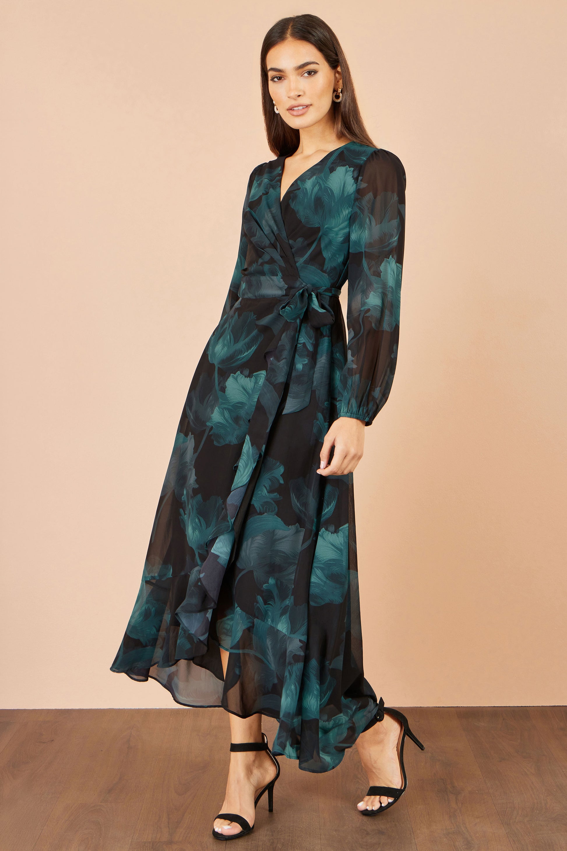 Yumi Black Floral Dipped Hem Wrap Midi Dress Dress Occasion Yumi