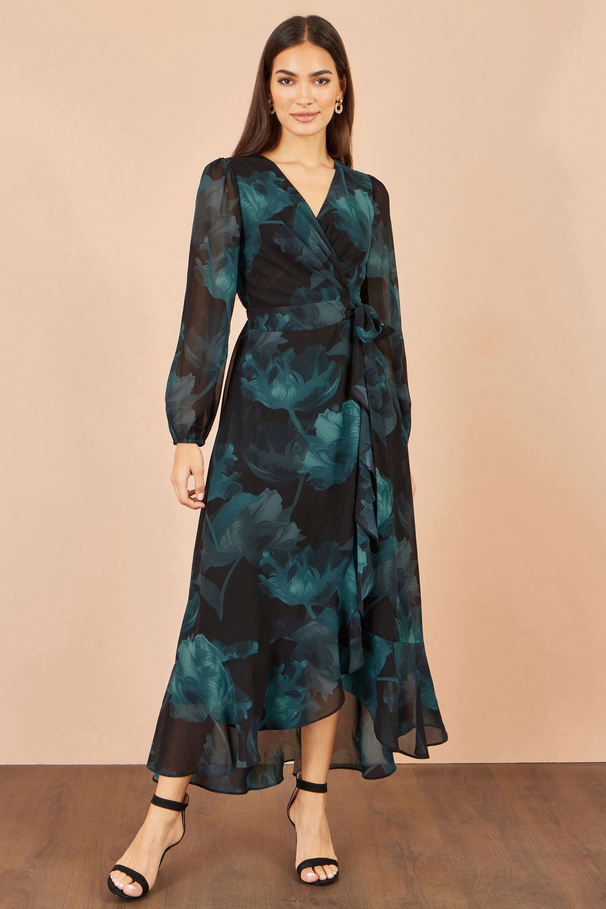 Yumi Black Floral Dipped Hem Wrap Midi Dress Dress Occasion Yumi