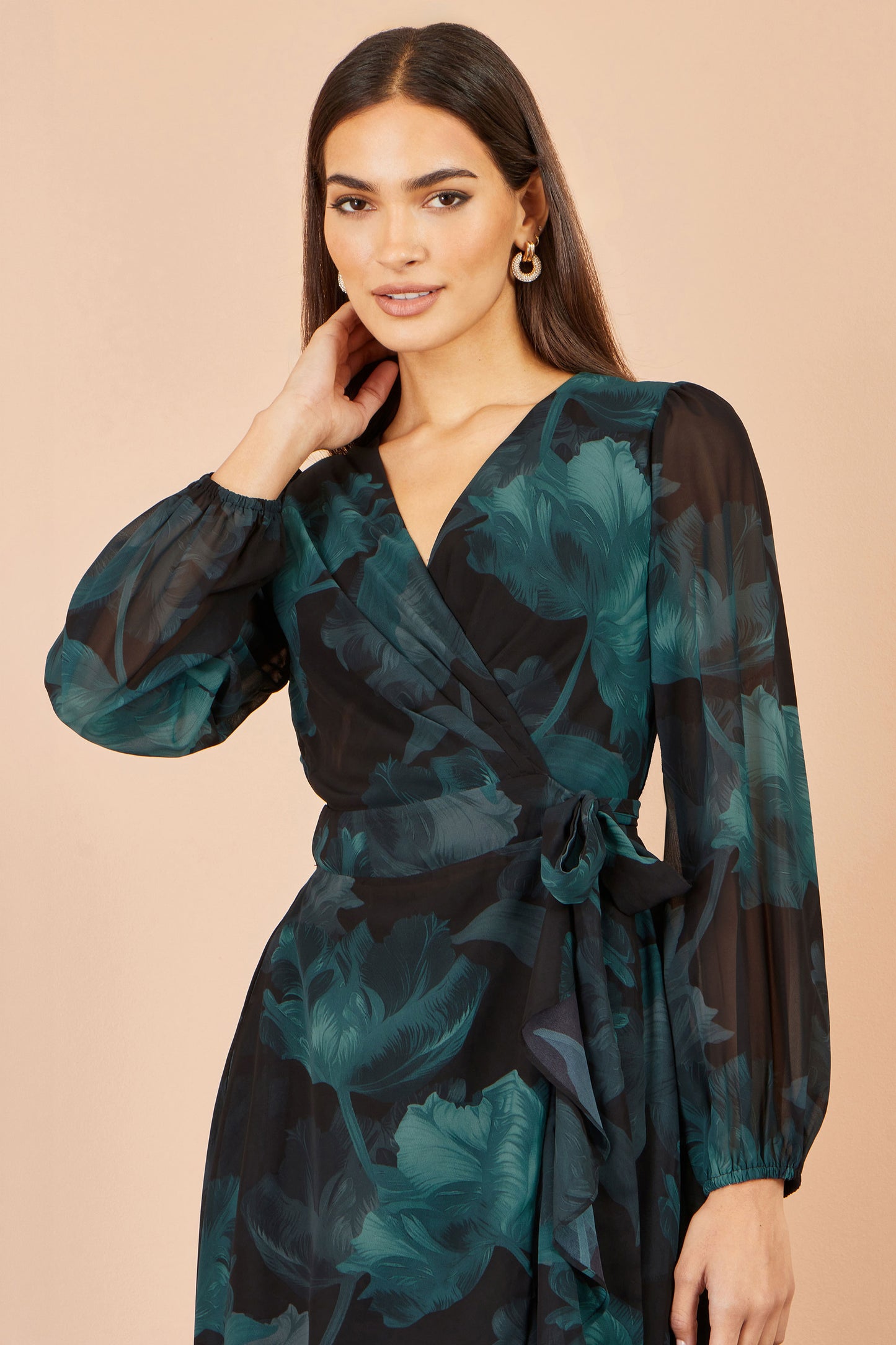 Yumi Black Floral Dipped Hem Wrap Midi Dress Dress Occasion Yumi