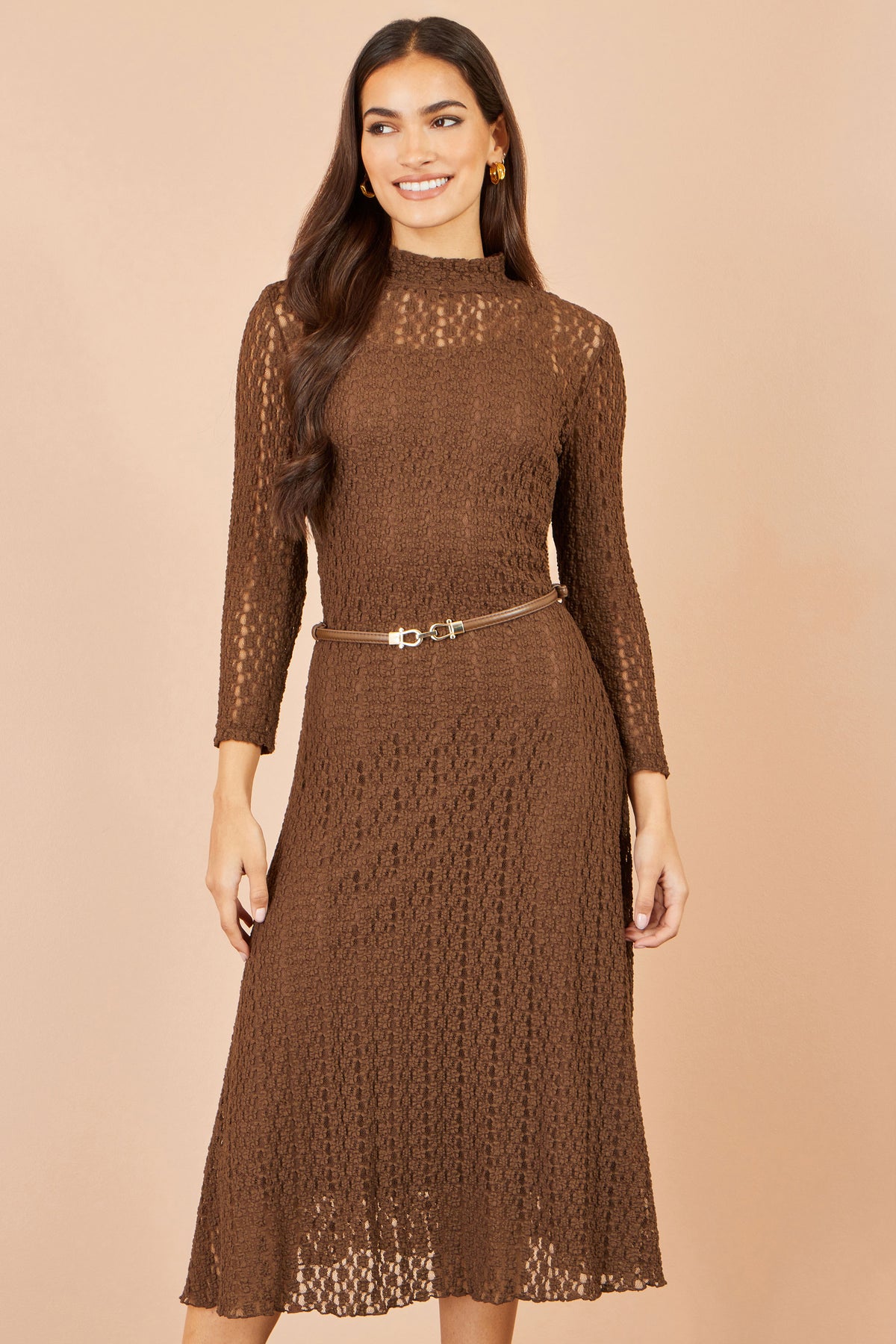 Yumi Brown High Neck Lace Midi Dress Dress Casual Yumi