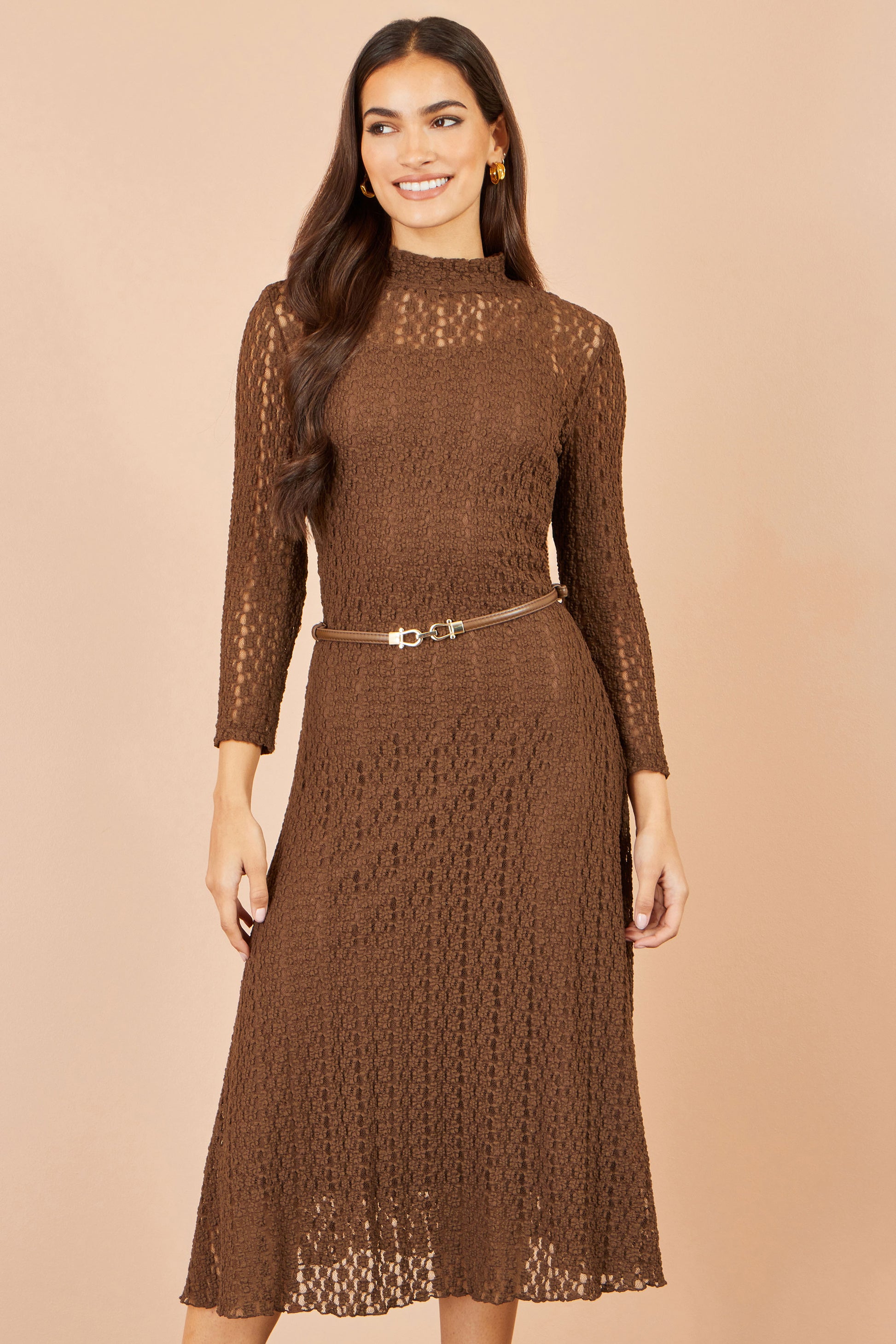 Yumi Brown High Neck Lace Midi Dress Dress Casual Yumi