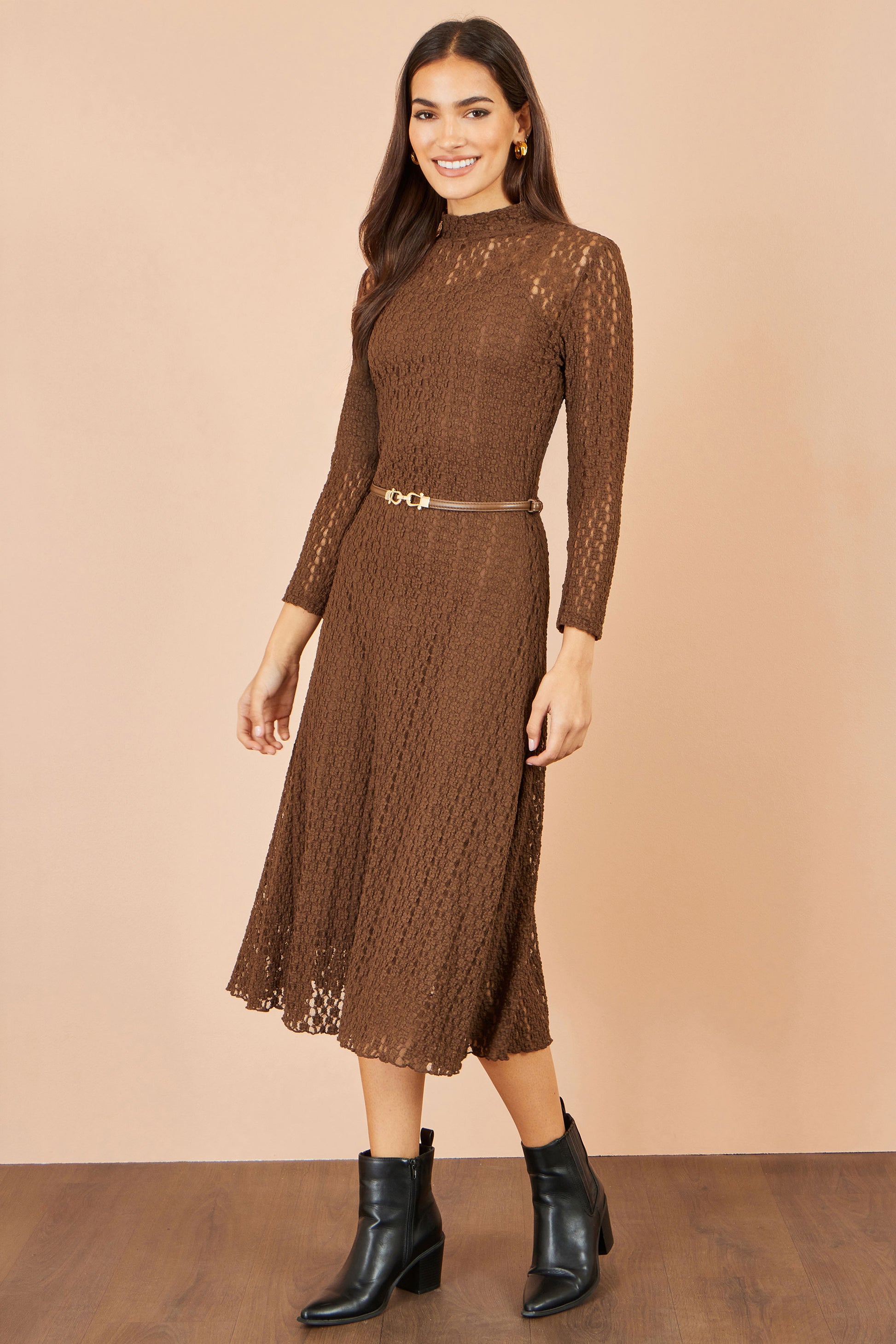 Yumi Brown High Neck Lace Midi Dress Dress Casual Yumi