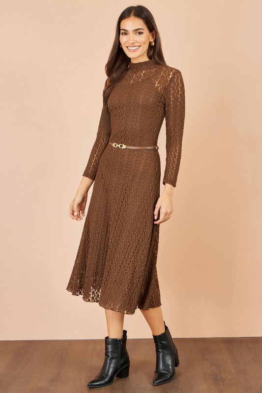Yumi Brown High Neck Lace Midi Dress Dress Casual Yumi