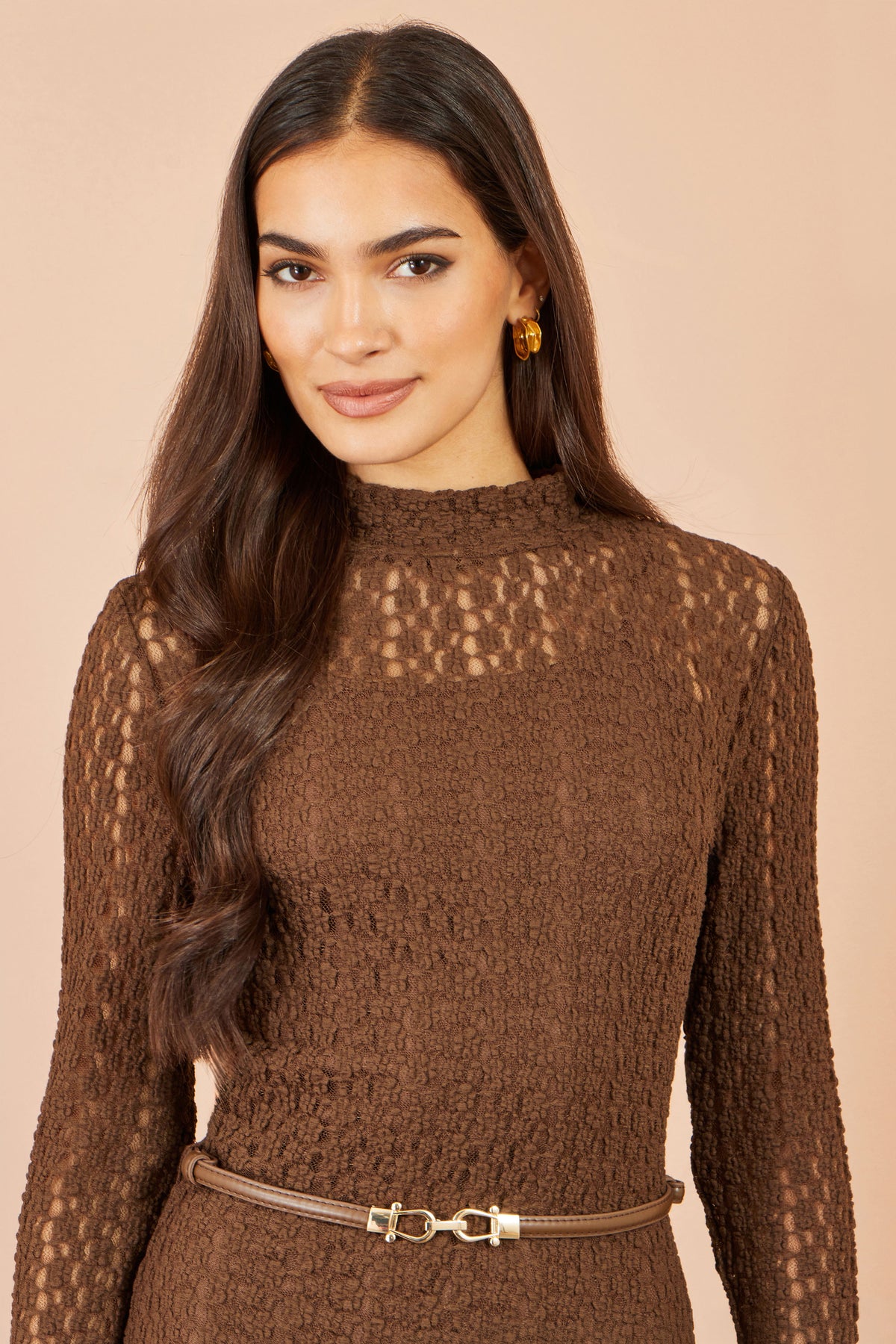 Yumi Brown High Neck Lace Midi Dress Dress Casual Yumi