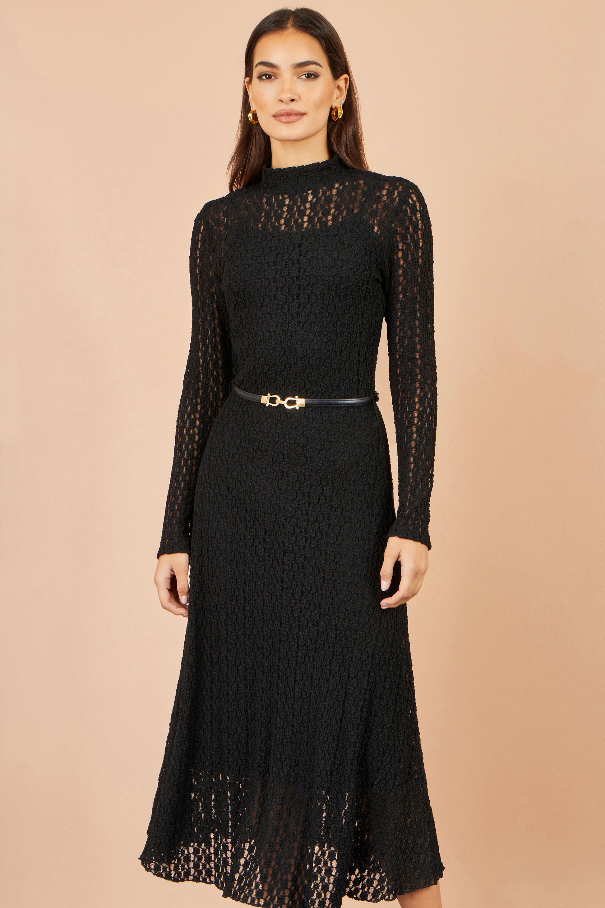 Yumi Black High Neck Lace Midi Dress Dress Casual Yumi