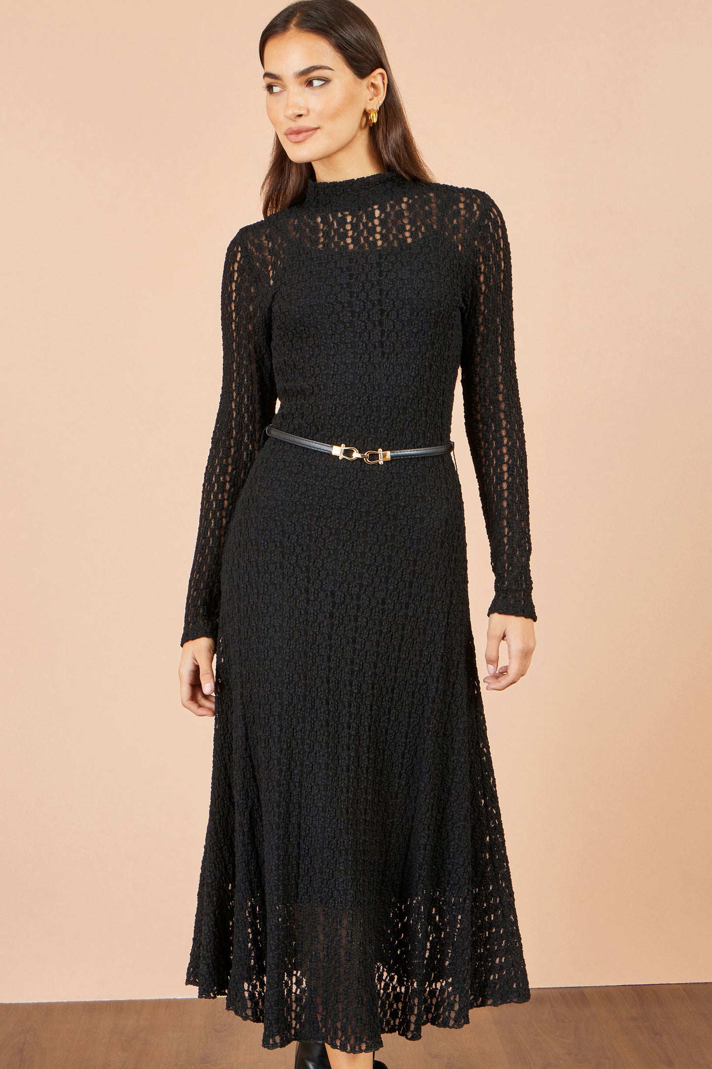 Yumi Black High Neck Lace Midi Dress Dress Casual Yumi