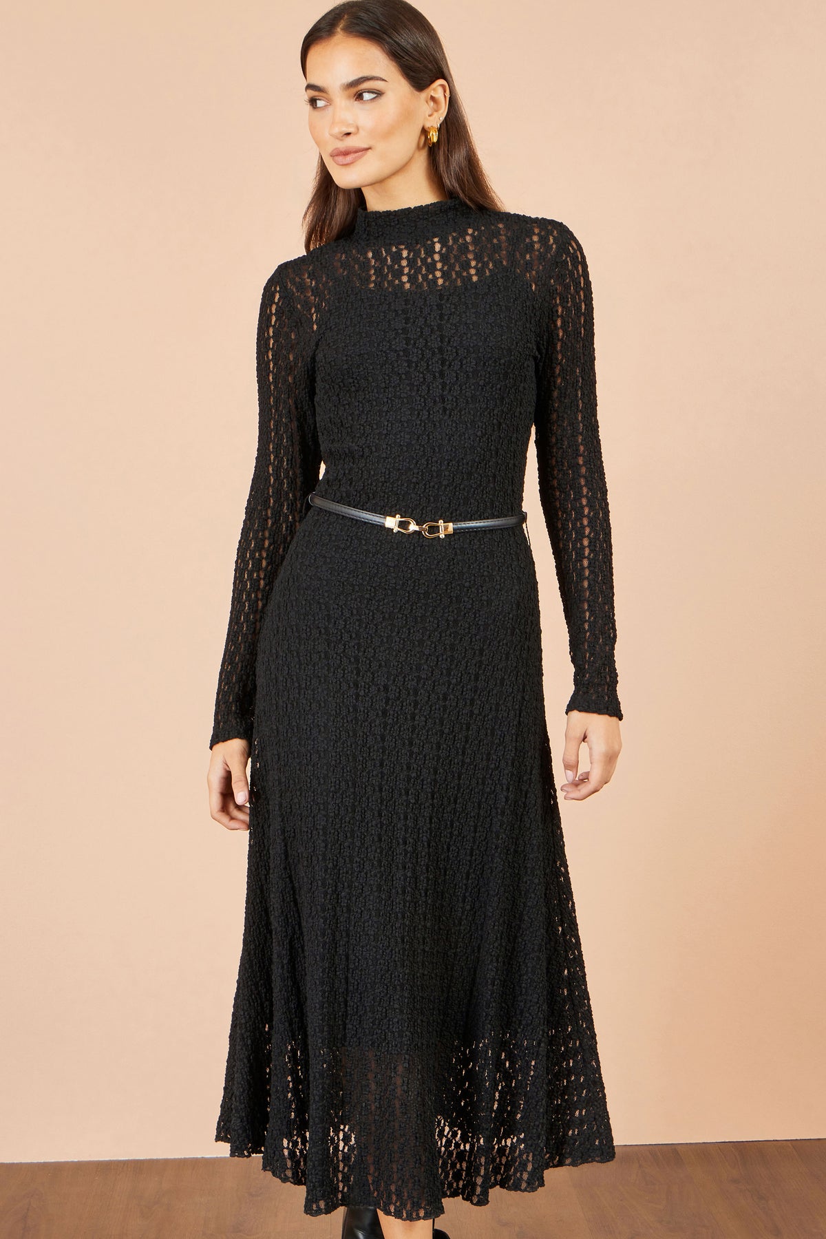 Yumi Black High Neck Lace Midi Dress Dress Casual Yumi