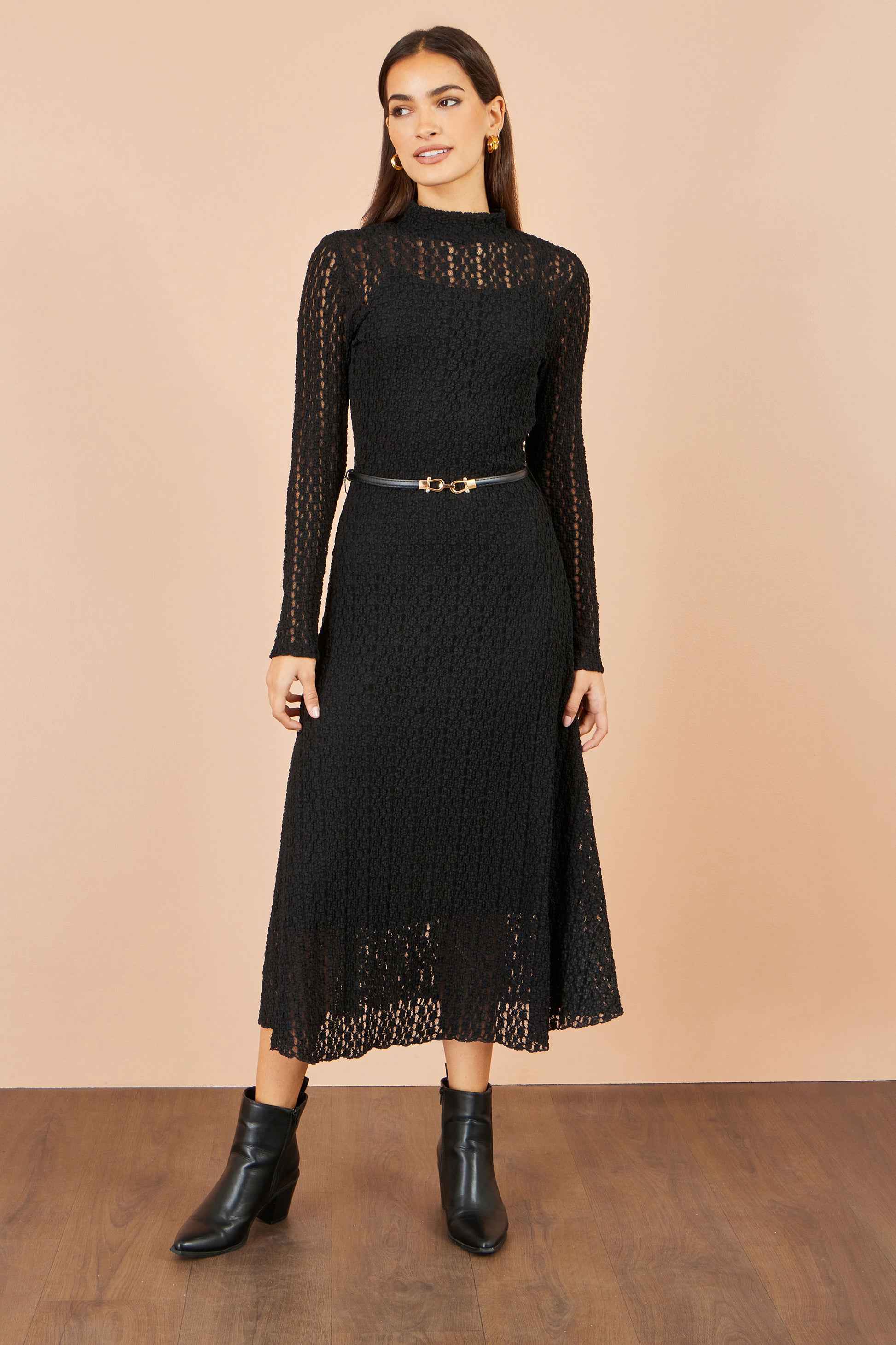 Yumi Black High Neck Lace Midi Dress Dress Casual Yumi