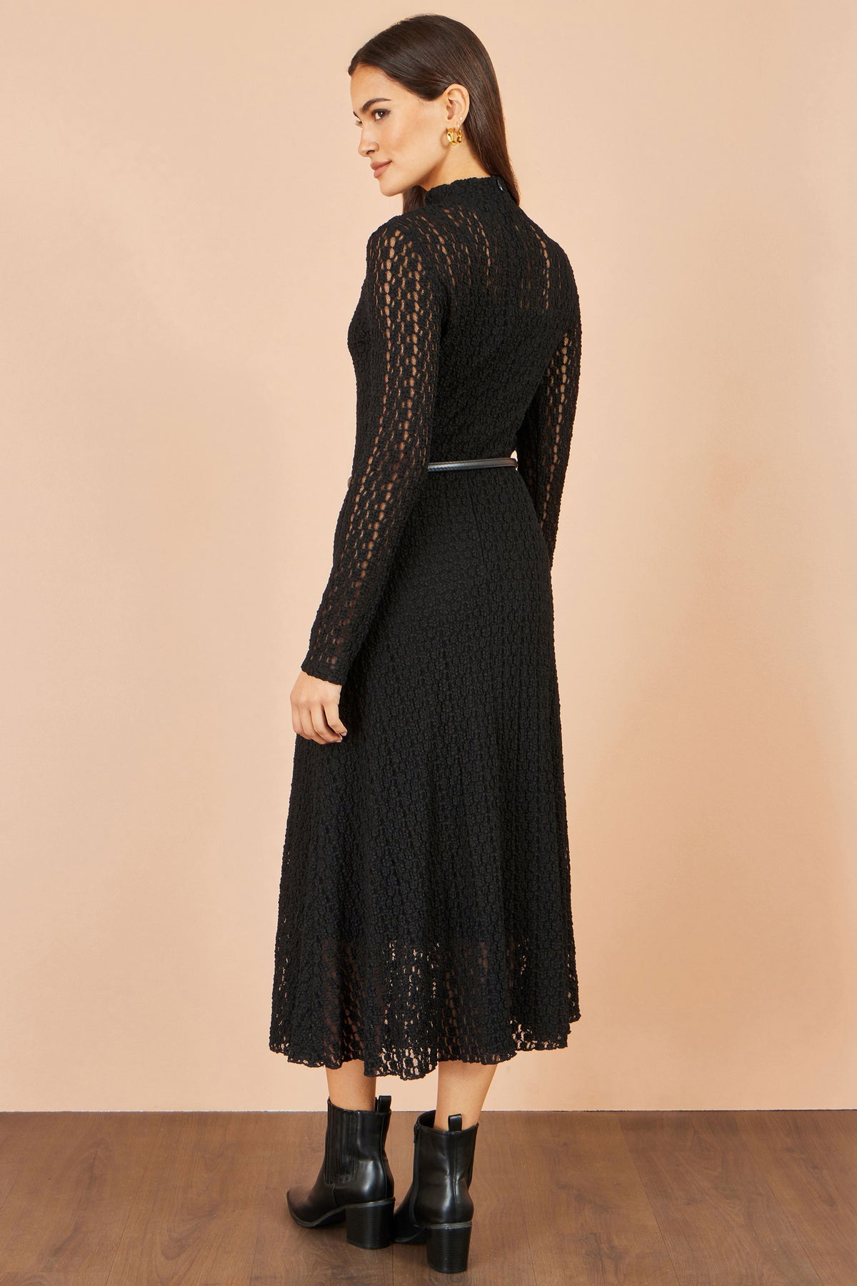 Yumi Black High Neck Lace Midi Dress Dress Casual Yumi