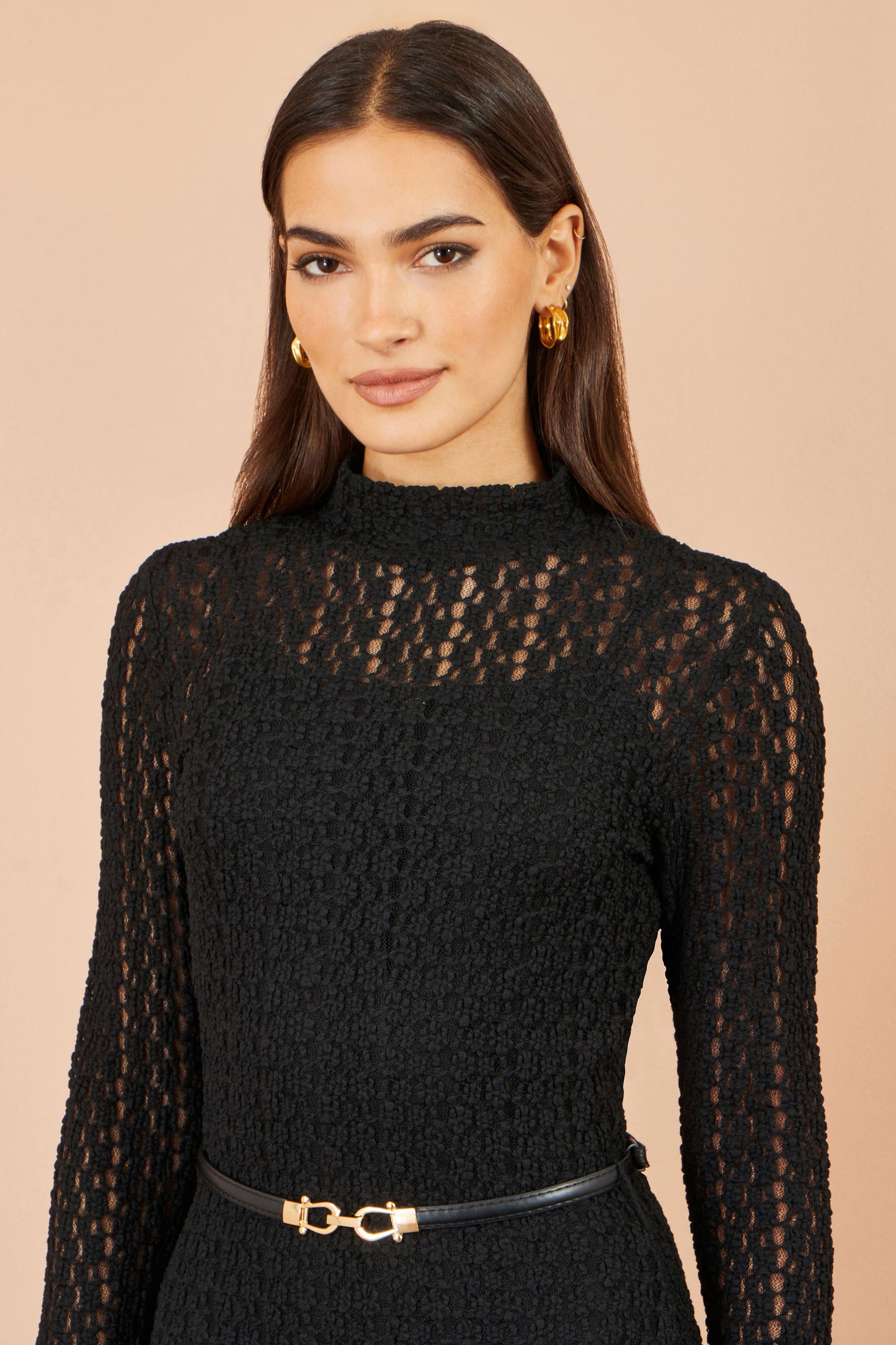 Yumi Black High Neck Lace Midi Dress Dress Casual Yumi