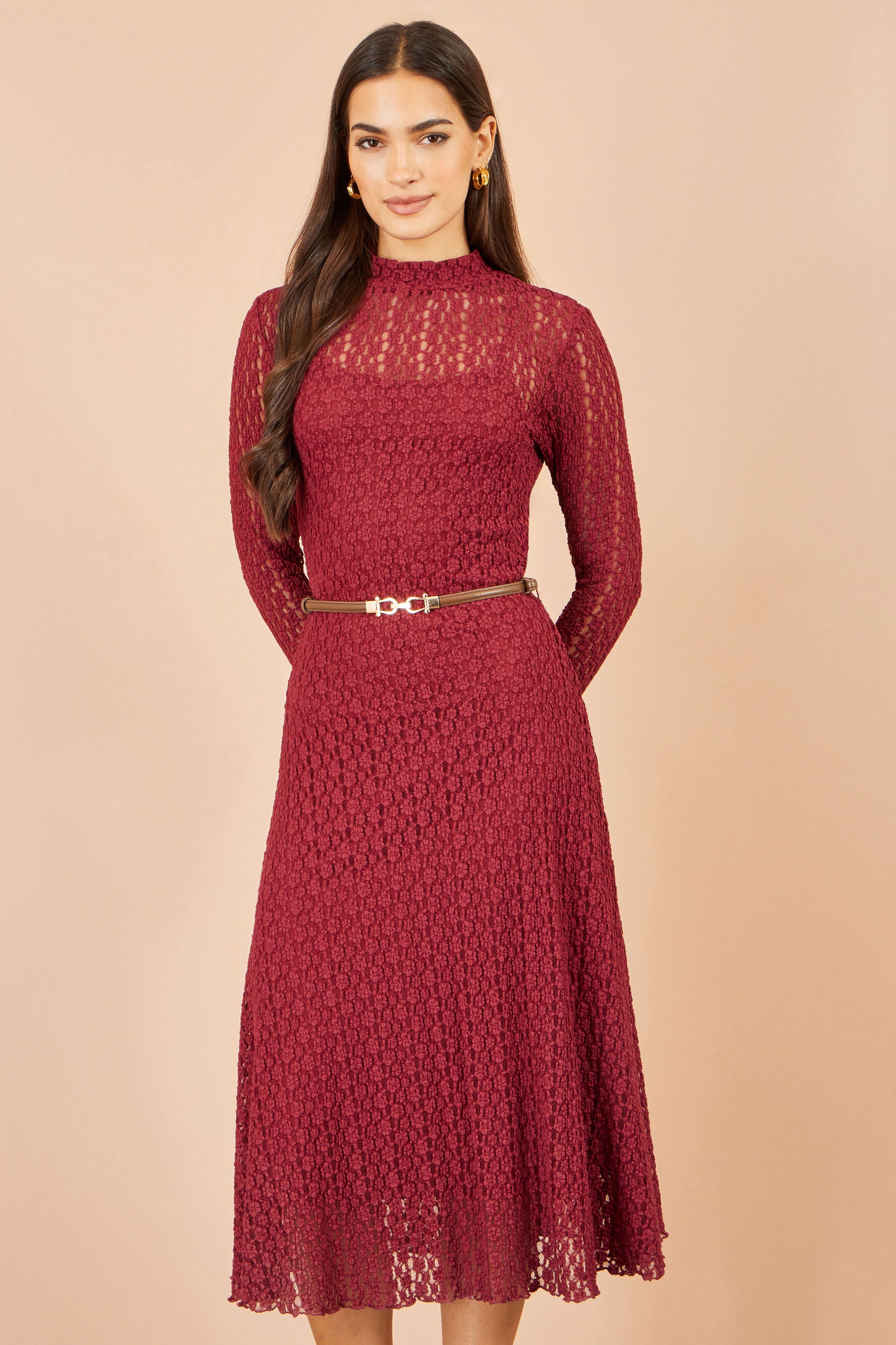 Yumi Burgundy High Neck Lace Midi Dress Dress Casual Yumi