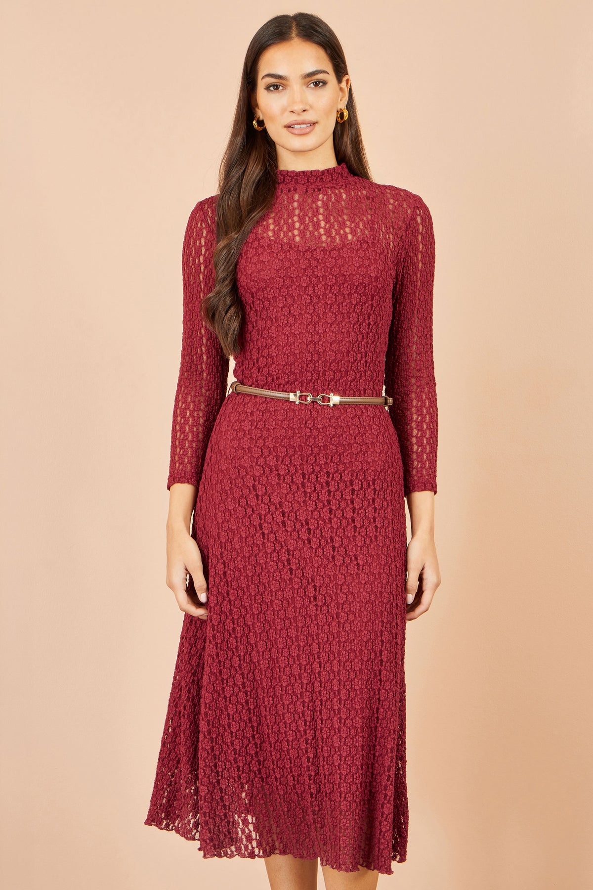 Yumi Burgundy High Neck Lace Midi Dress Dress Casual Yumi