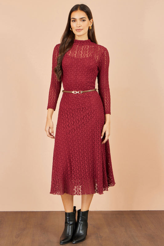 Yumi Burgundy High Neck Lace Midi Dress Dress Casual Yumi