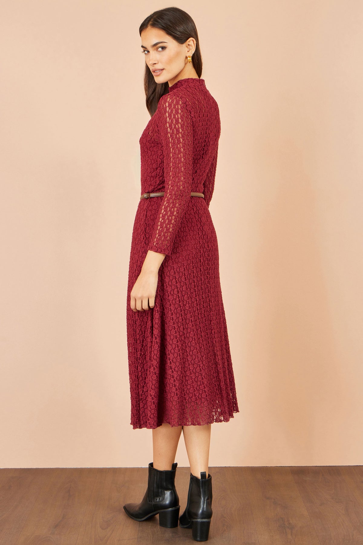Yumi Burgundy High Neck Lace Midi Dress Dress Casual Yumi