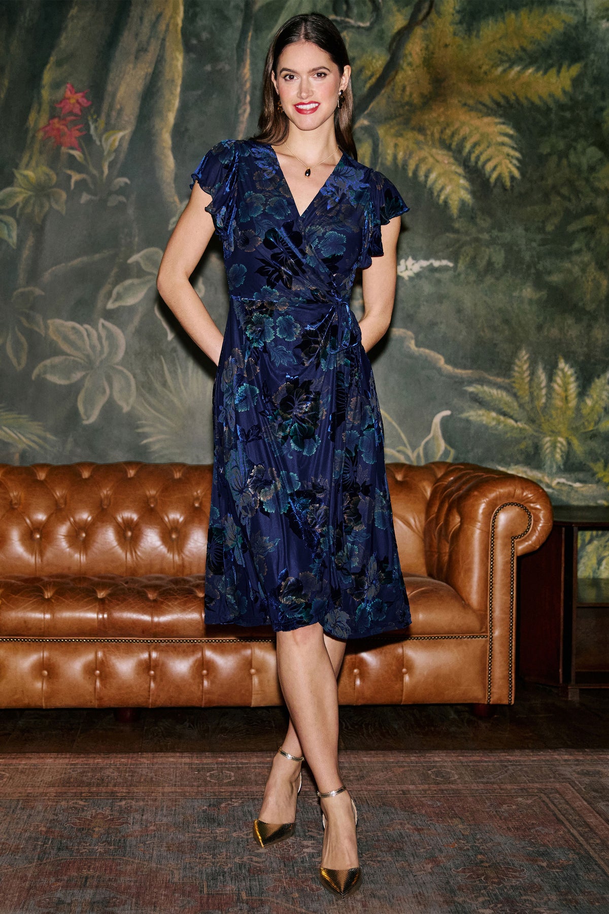 Yumi Blue Velvet Floral Wrap Midi Dress Dress Party Yumi
