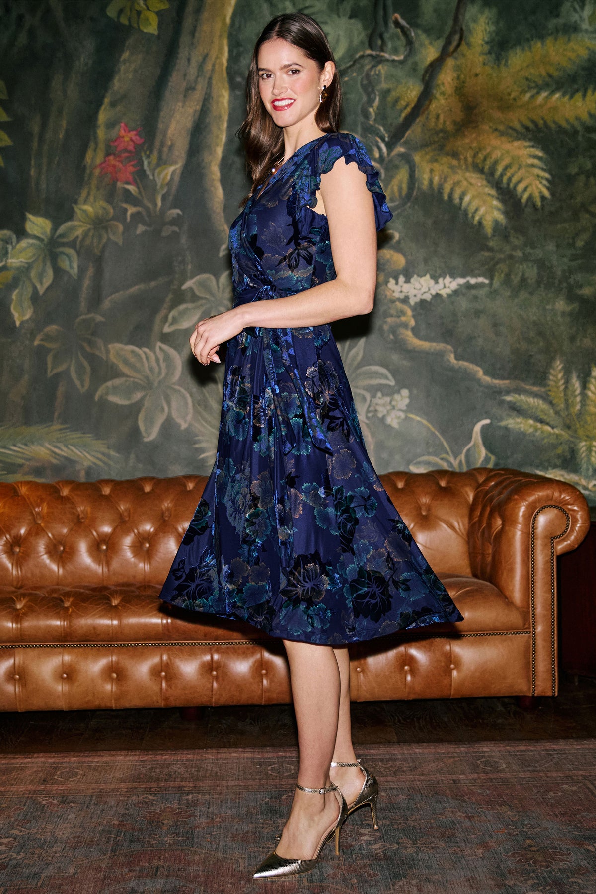 Yumi Blue Velvet Floral Wrap Midi Dress Dress Party Yumi