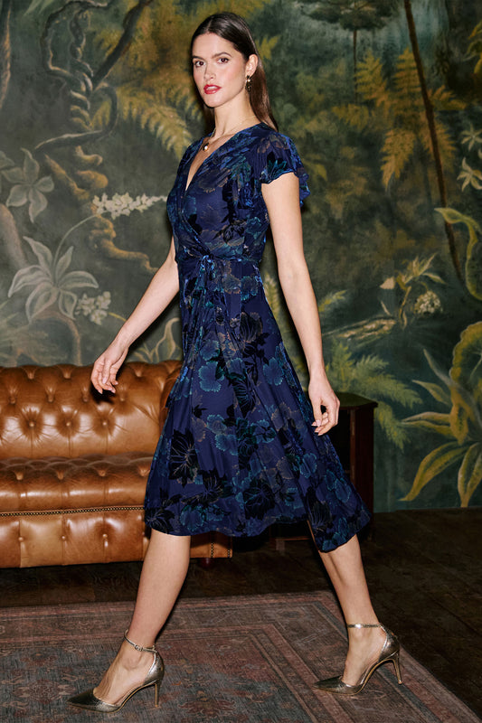 Yumi Blue Velvet Floral Wrap Midi Dress Dress Party Yumi