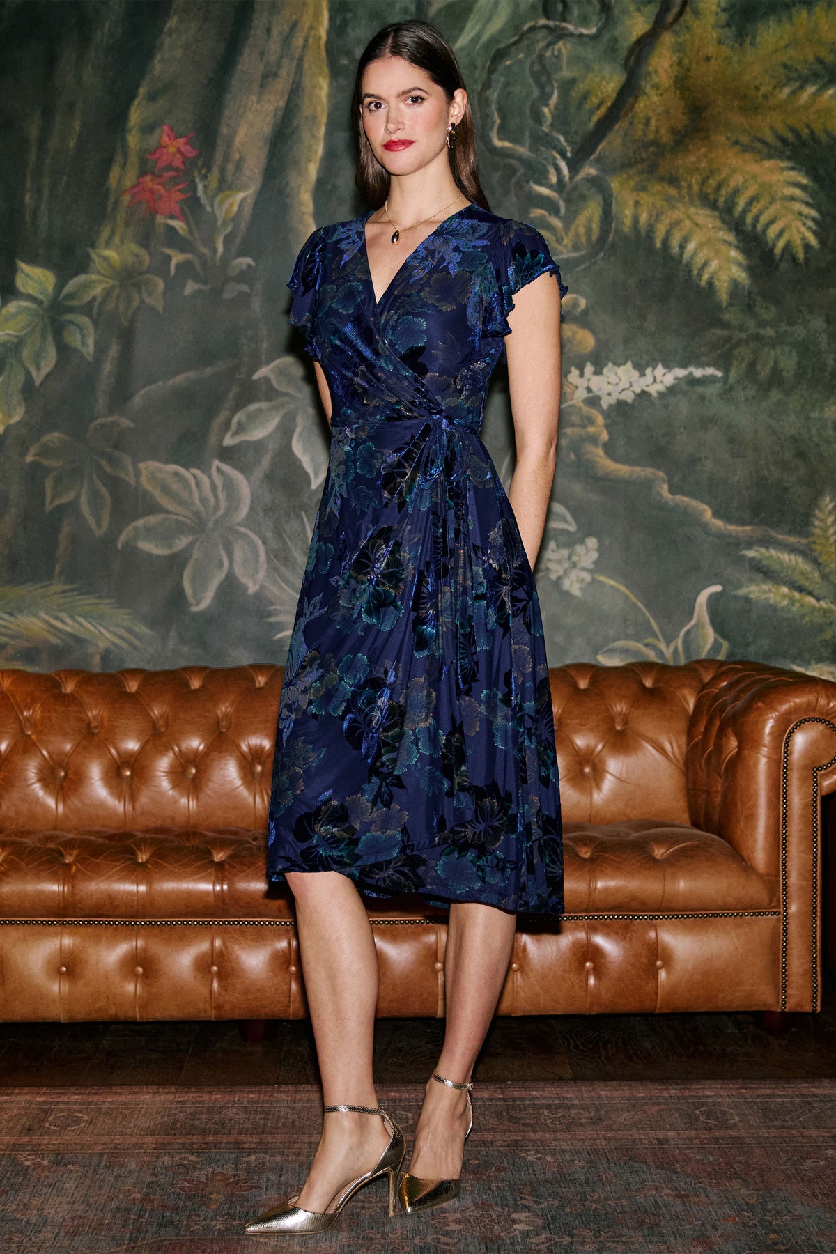 Yumi Blue Velvet Floral Wrap Midi Dress Dress Party Yumi