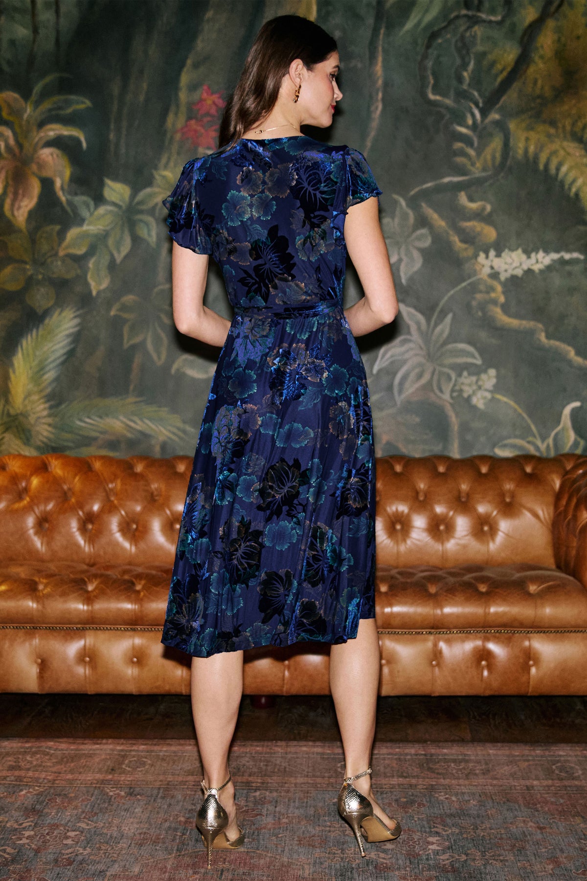 Yumi Blue Velvet Floral Wrap Midi Dress Dress Party Yumi