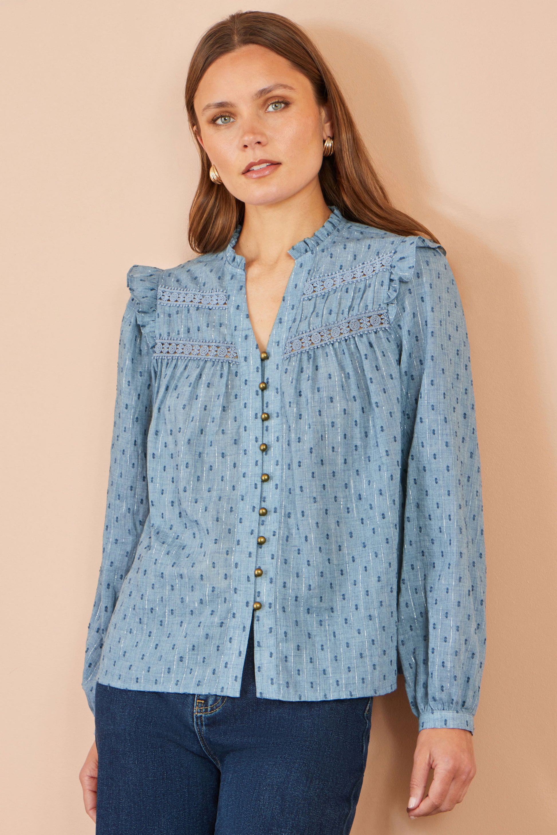 Yumi Blue Cotton Lace Detail Shirt Tops Yumi