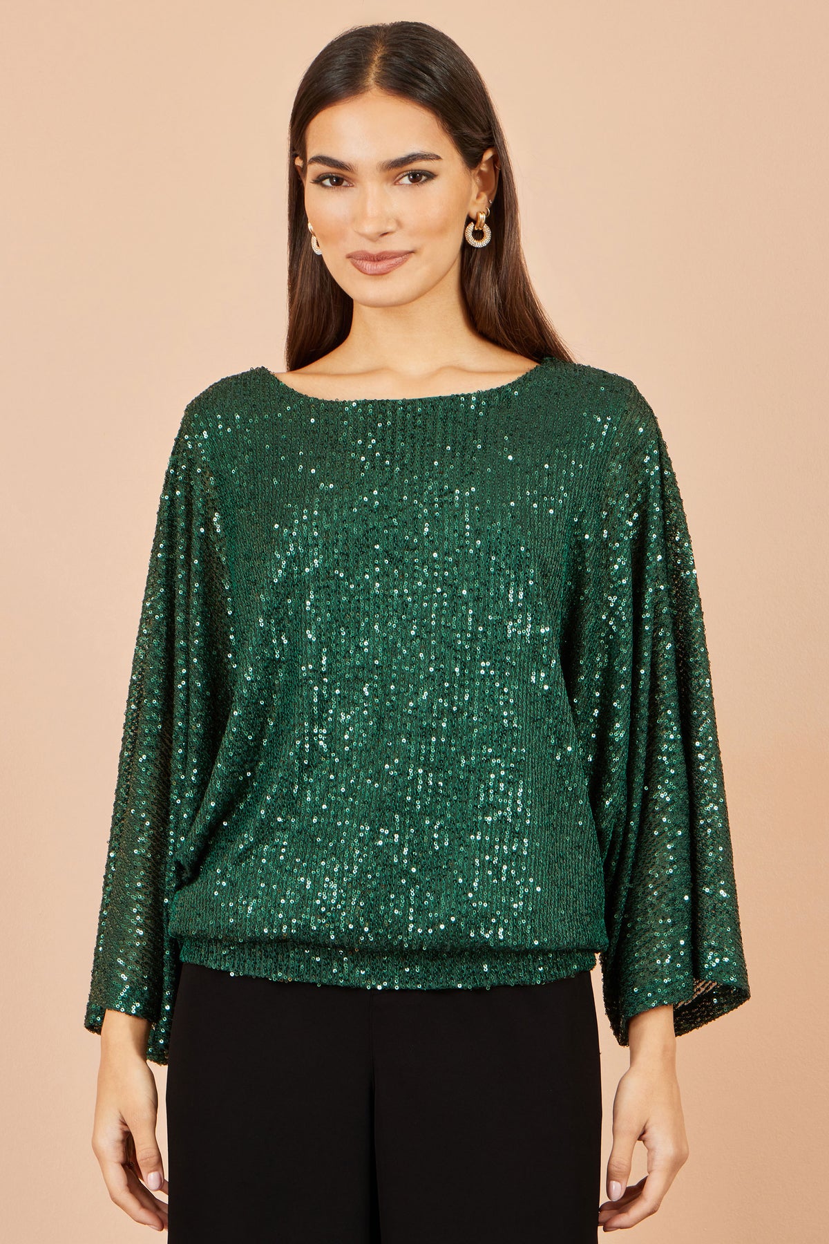 Yumi Green All Over Sequin Batwing Top Tops Yumi