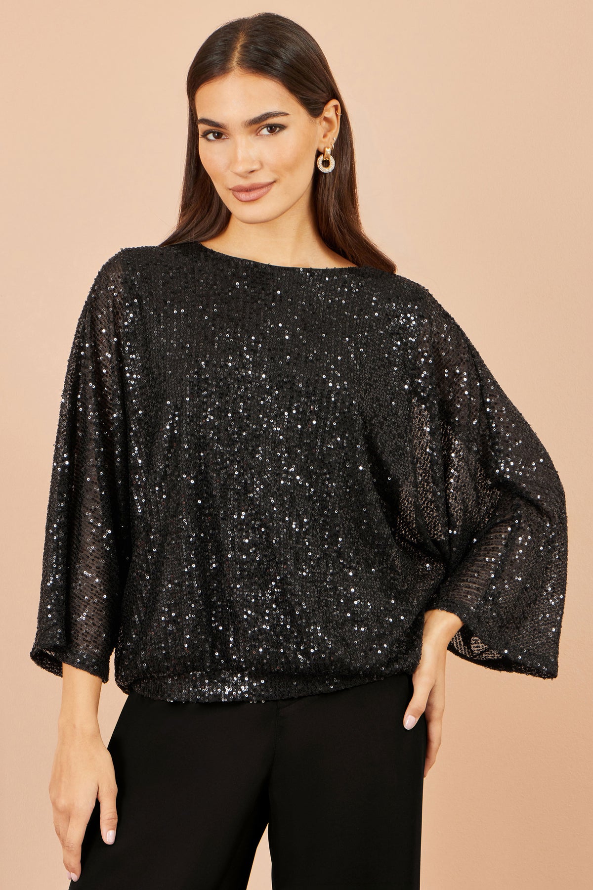 Yumi Black All Over Sequin Batwing Top Tops Yumi